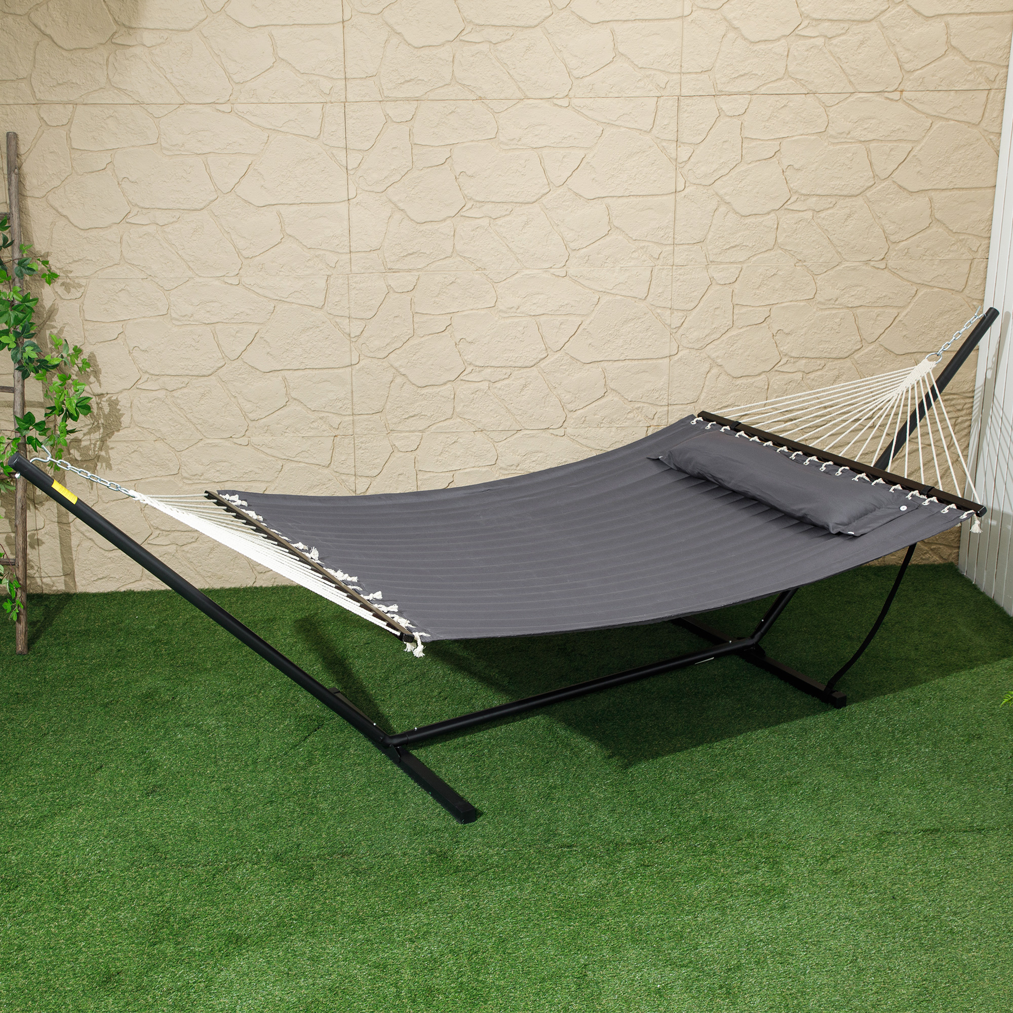 2 Person Hammock Quilted Double Hammock with Stand Pillow Spreader Bars for Outdoor Camping Beach, Dark Grey - Image 6