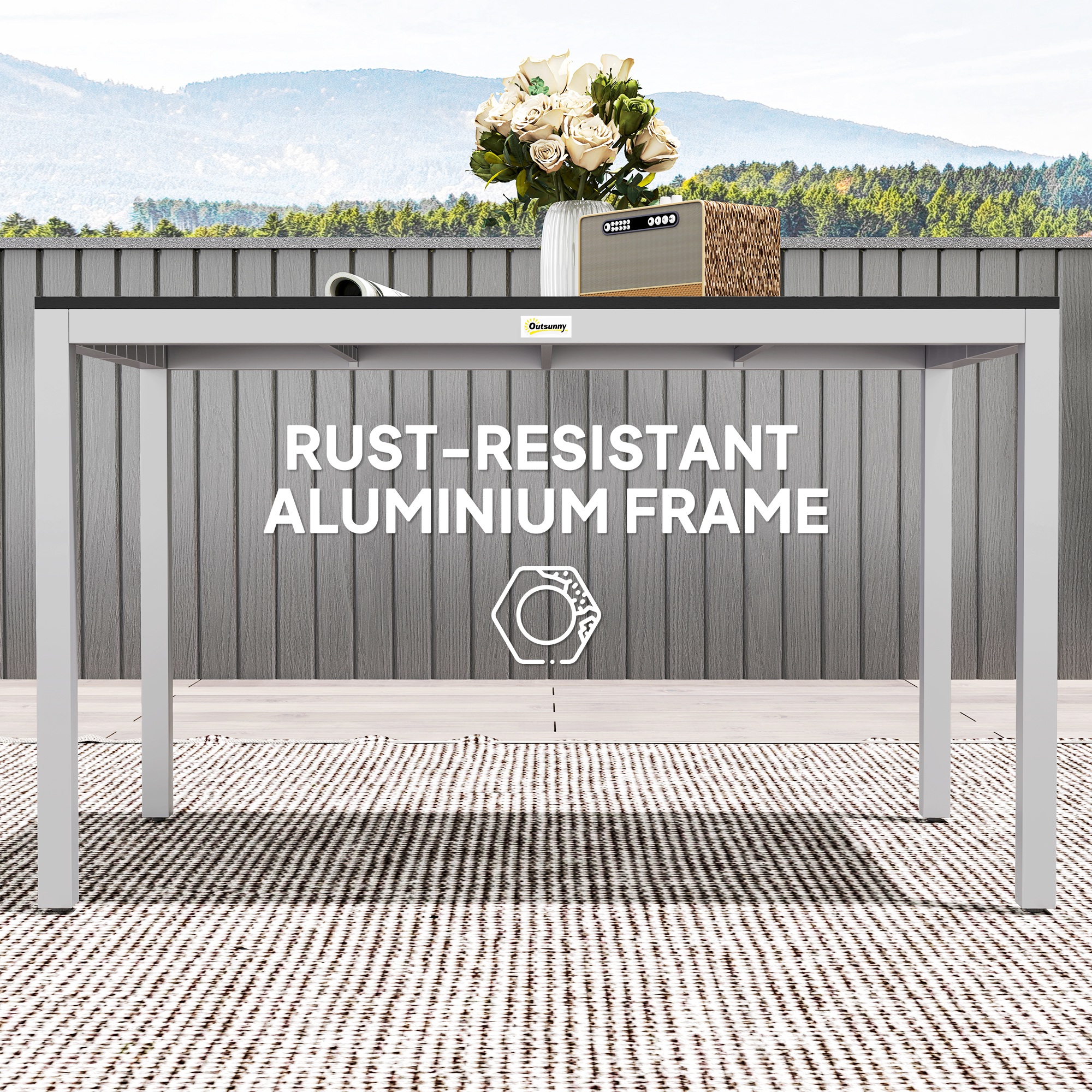 Outdoor Dining Table for 4-6 with Easy Maintenance Slatted Top, Rust-Resistant Aluminium Frame, Black - Image 5