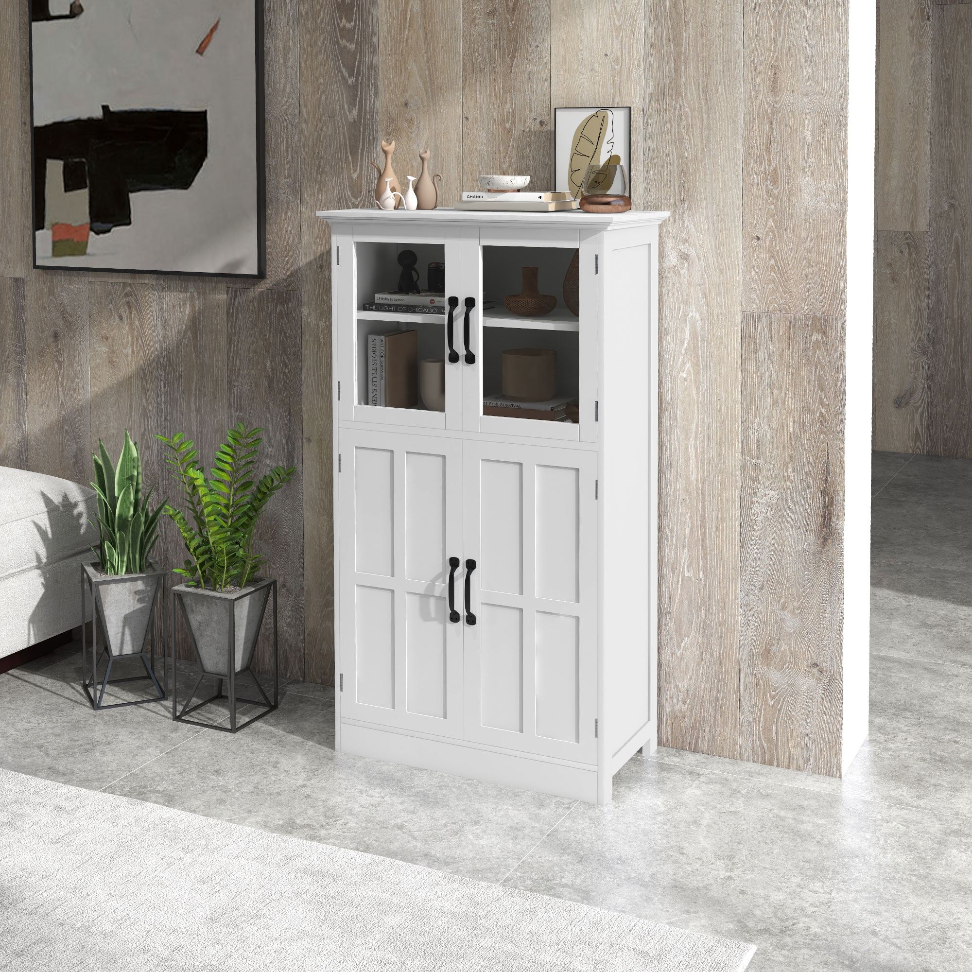 Modern Sideboard Cabinet, Freestanding Sideboards and Buffets with Glass Doors, 4-tier Shelving and Adjustable Shelves - Image 6