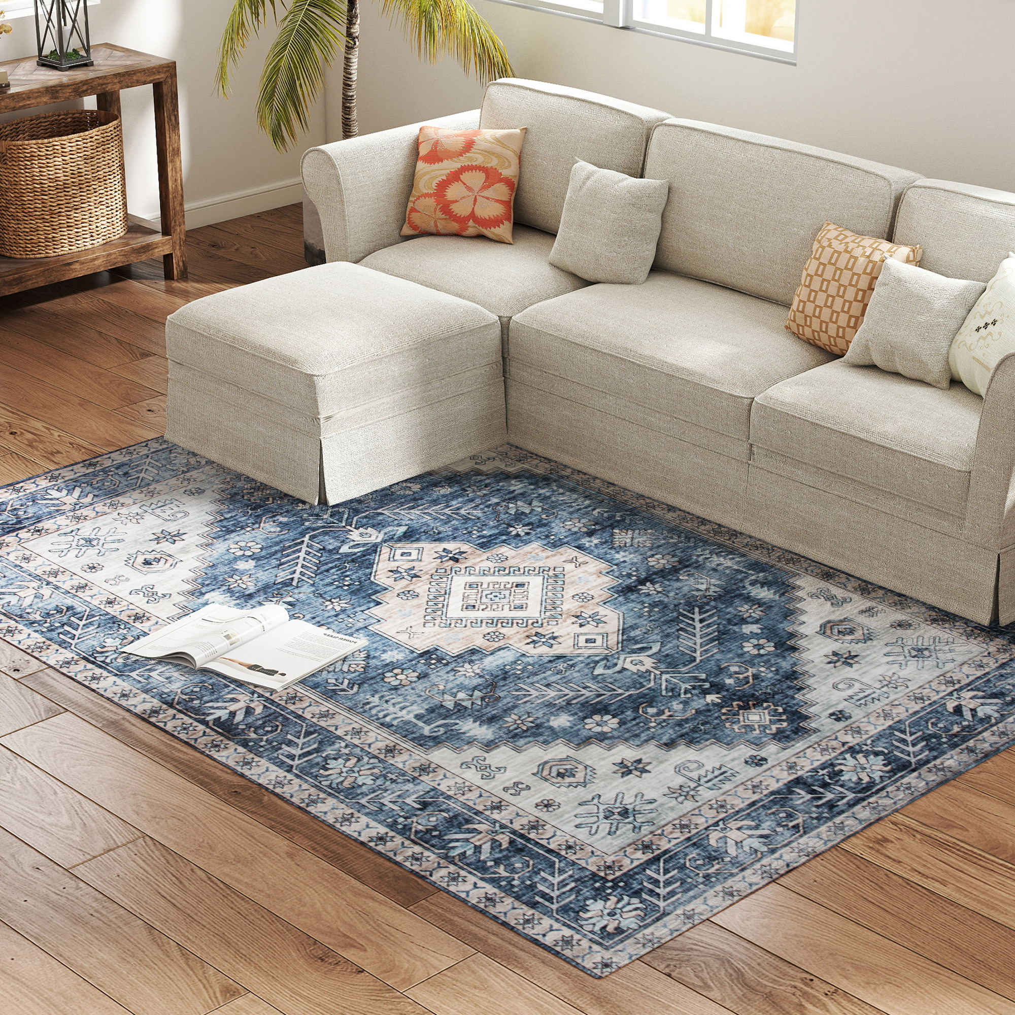 5x7 Area Rug, Vintage Machine Washable Rug, Non-Slip Floor Carpet for Living Room, Bedroom, Dining Room, Blue