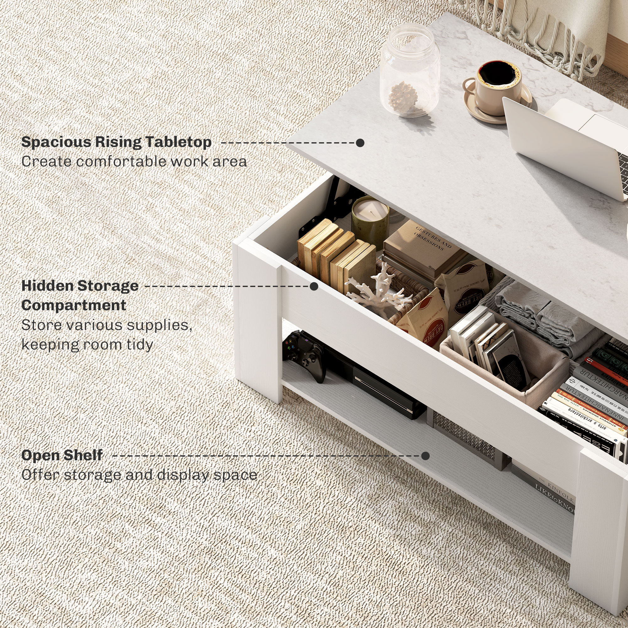 Lift Top Coffee Table with Hidden Storage Compartment and Open Shelf, Center Table for Living Room, White - Image 3