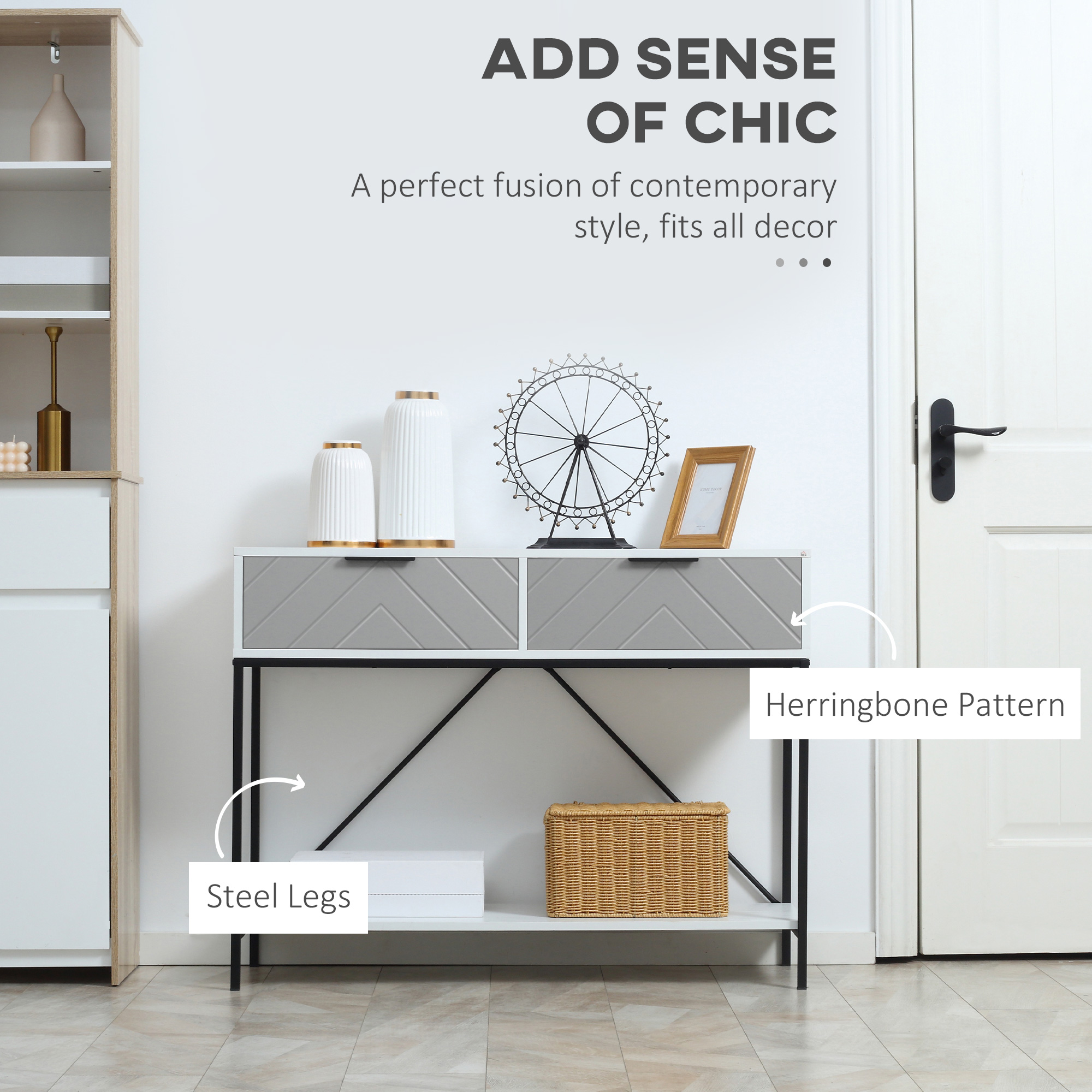 Modern Console Table with 2 Drawers, 2 Tier Entryway Table with storage Shelf, Narrow Sofa Table for Living Room, Hallway, White - Image 3