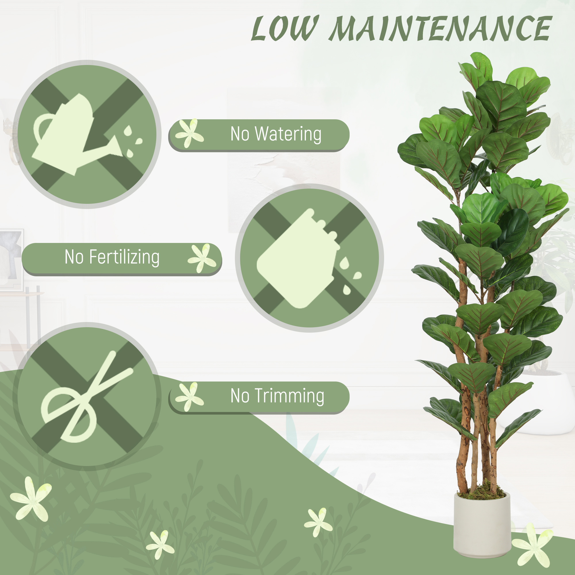 5FT Artificial Fiddle Leaf Fig Tree Set of 2, Fake Potted Tree with Solid Wood Trunks for Indoor Decor, Green - Image 3