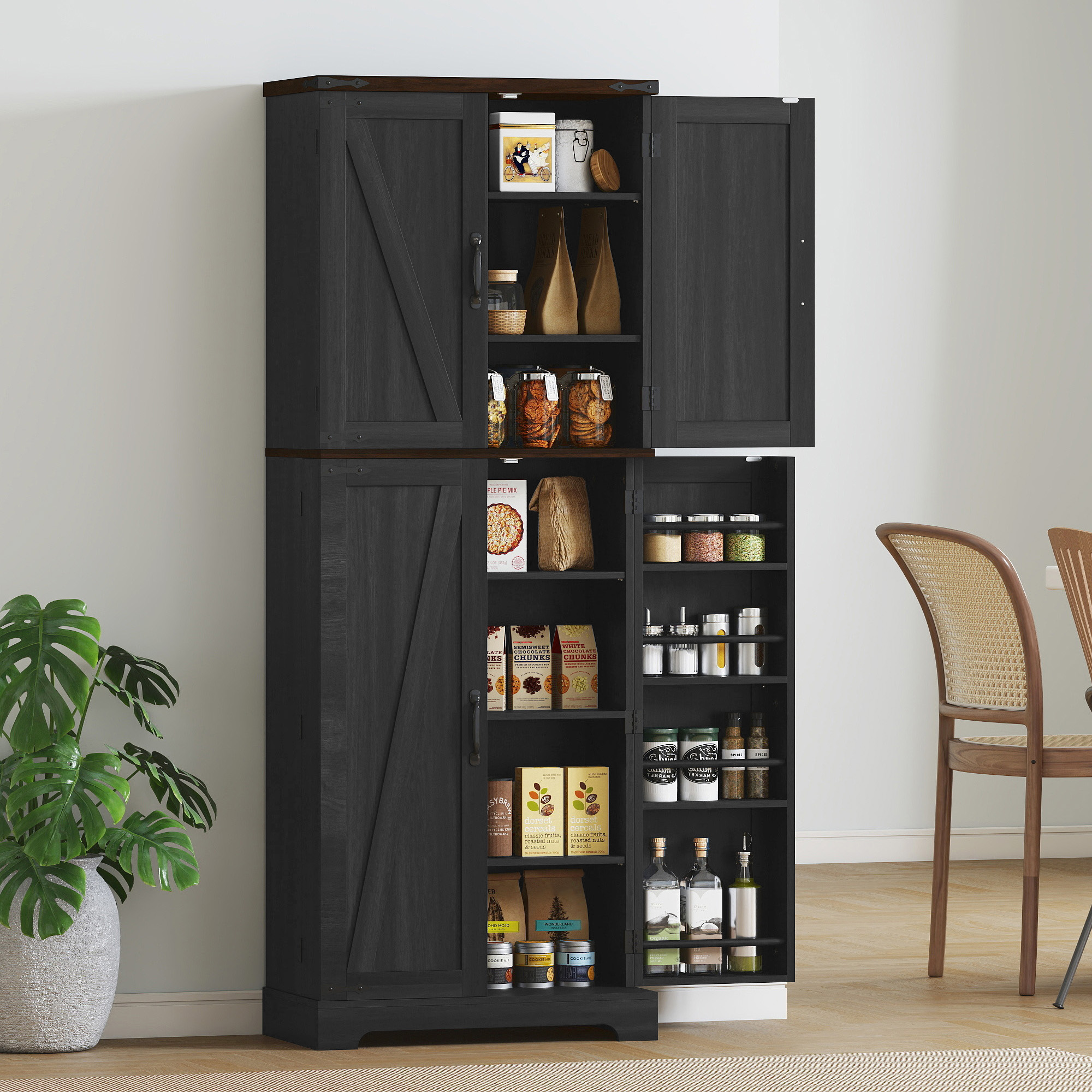 64" Tall Kitchen Pantry Cabinet with Spice Racks and Adjustable Shelves, Black Wood Grain - Image 6