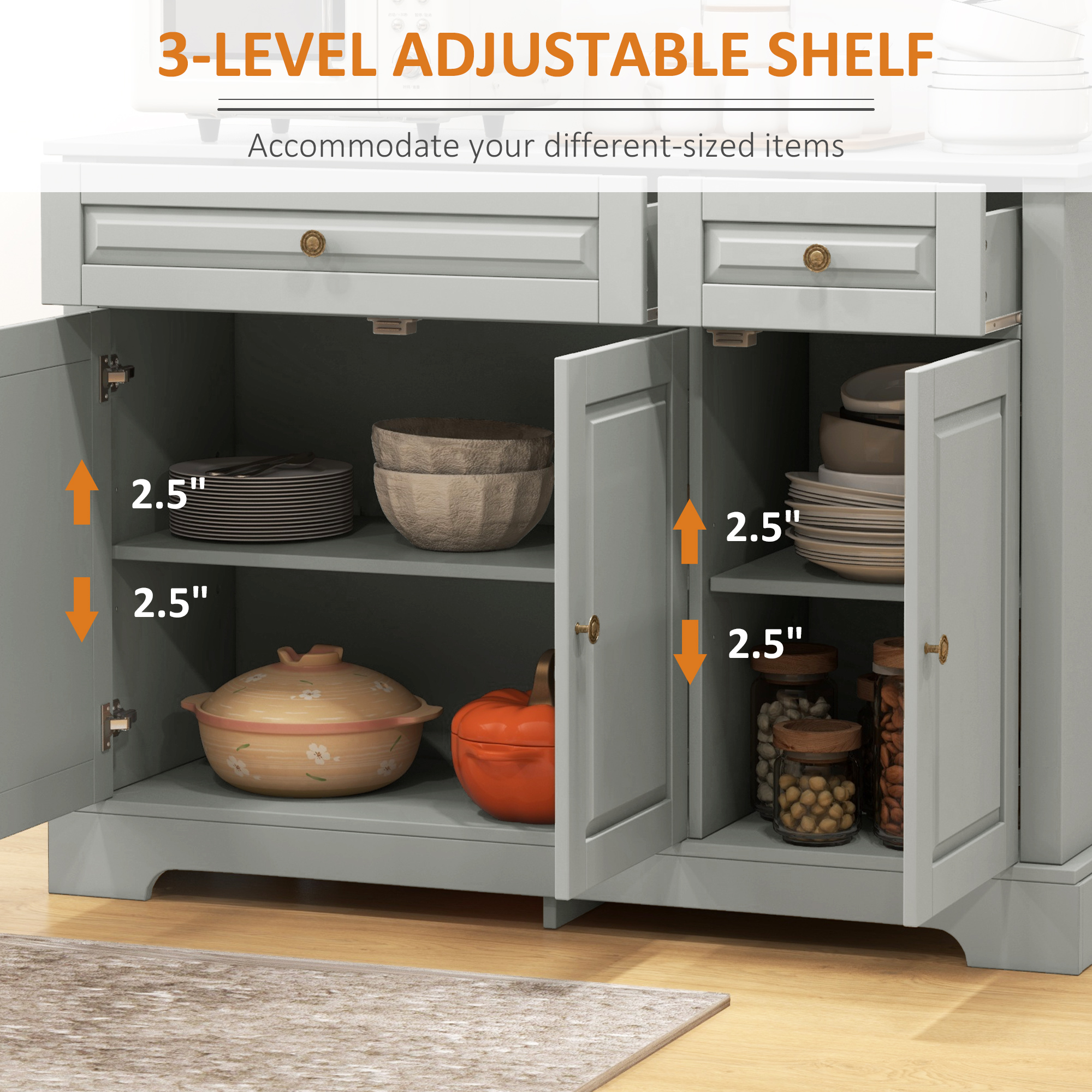 Modern Sideboard Cabinet, Buffet Cabinet with 2 Drawers and Adjustable Shelves, Buffets Tables for Dining Room, Grey - Image 3