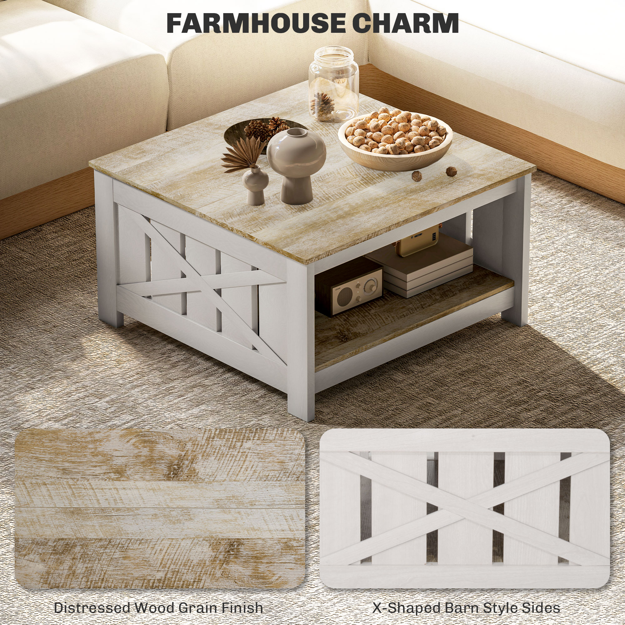 31.5" Square Coffee Table, Farmhouse 2-Tier Center Table for Living Room, Distressed Oak and Brown - Image 2