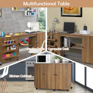 Folding Sewing Table Shelves Storage Cabinet Craft Cart with Wheels-Natural