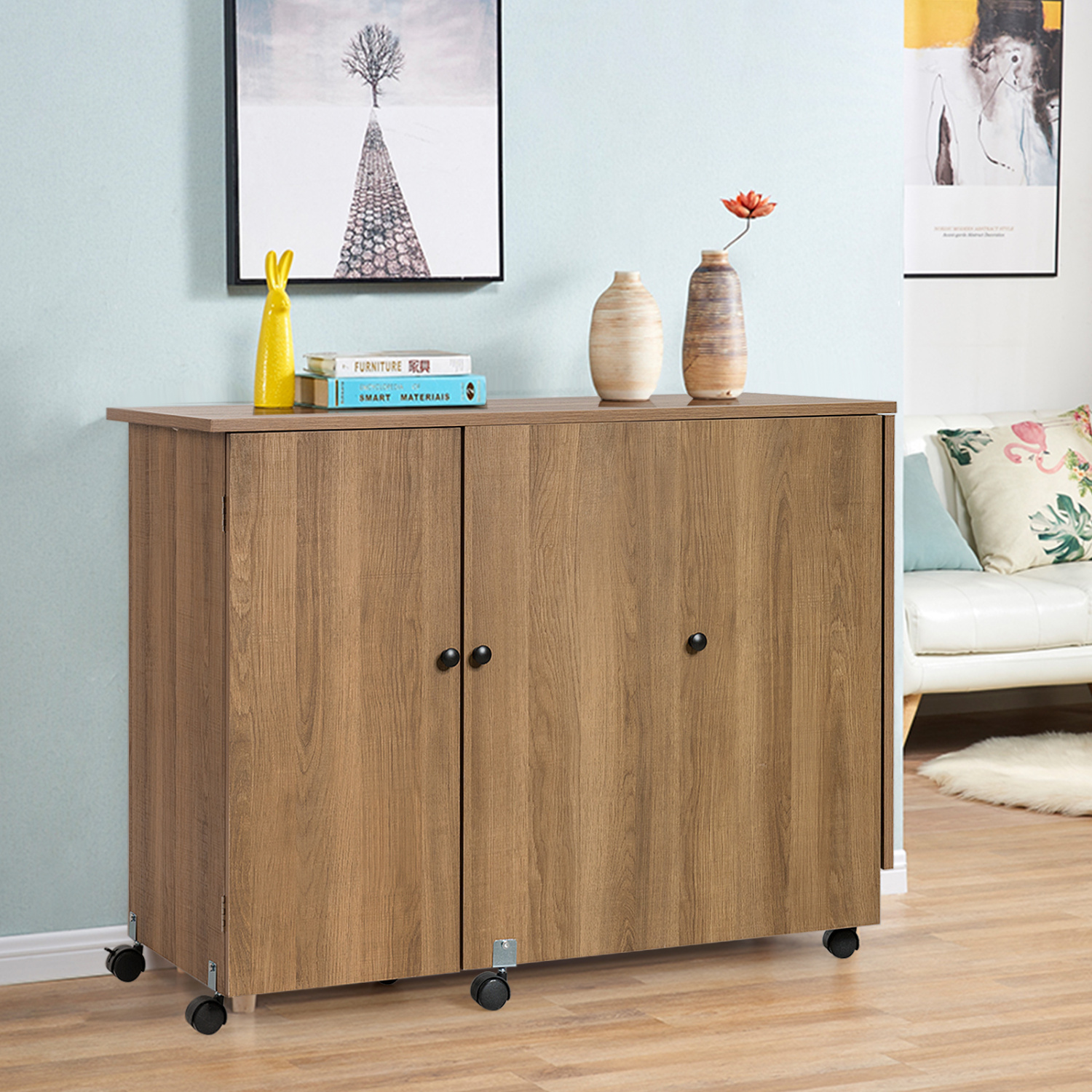 Folding Sewing Table Shelves Storage Cabinet Craft Cart with Wheels-Natural - Image 5