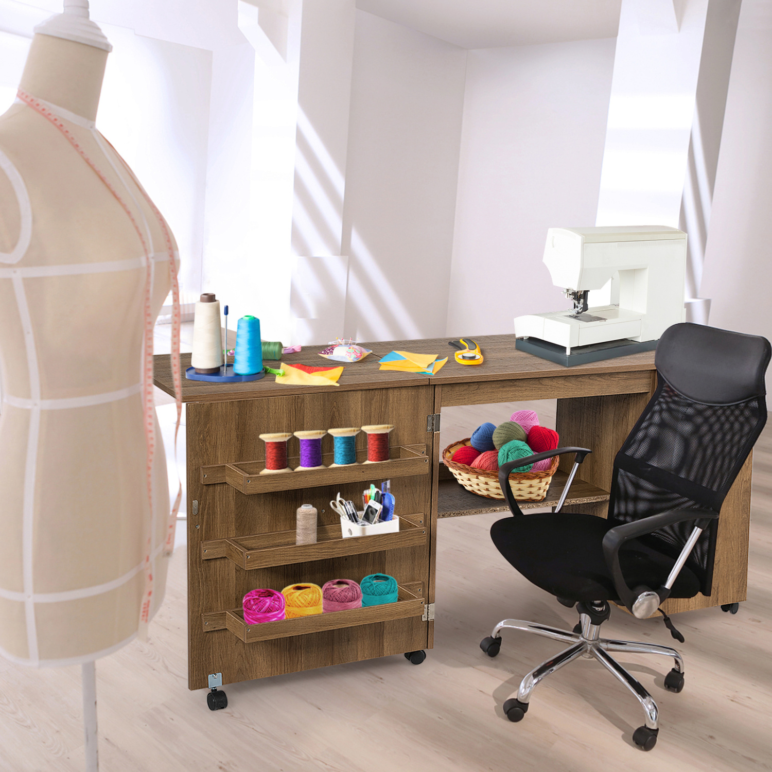 Folding Sewing Table Shelves Storage Cabinet Craft Cart with Wheels-Natural - Image 6