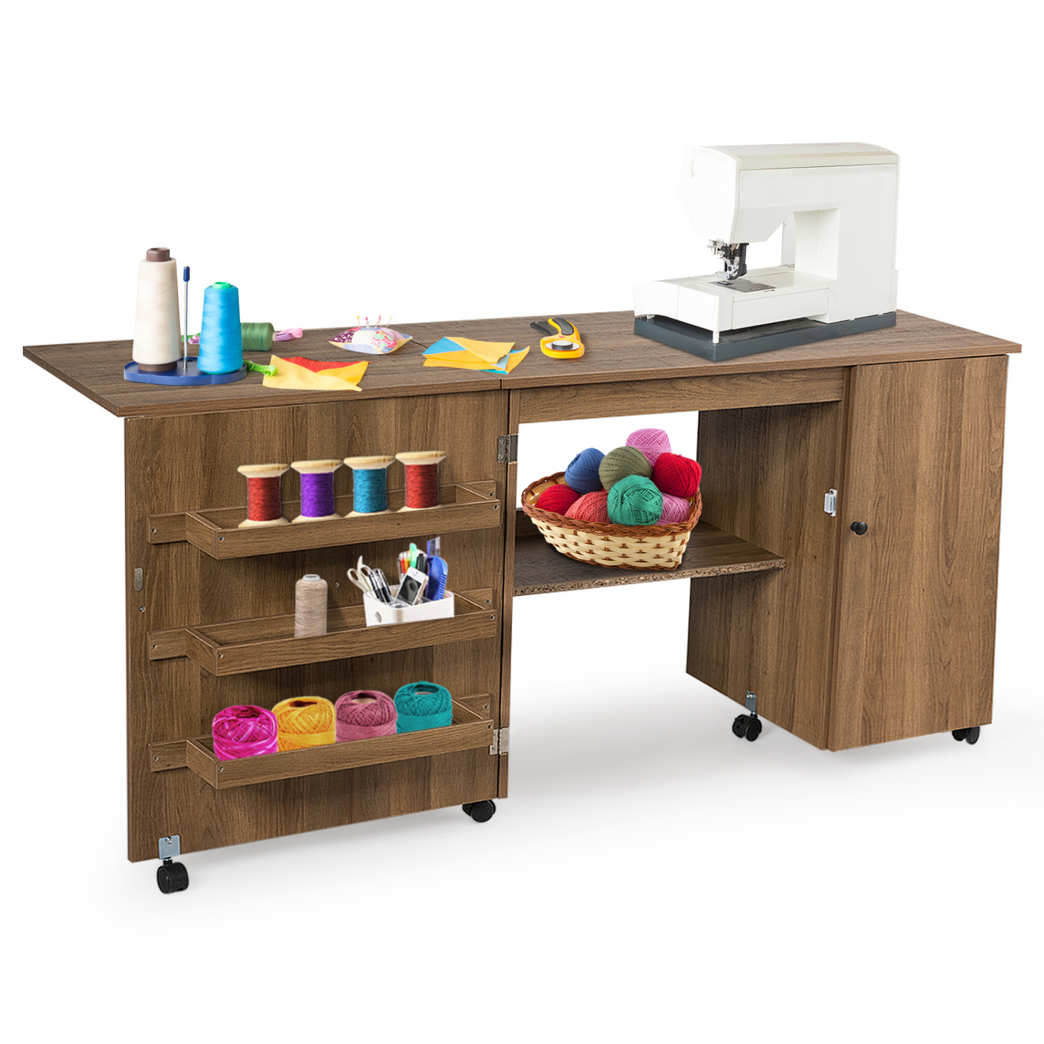 Folding Sewing Table Shelves Storage Cabinet Craft Cart with Wheels-Natural - Image 7