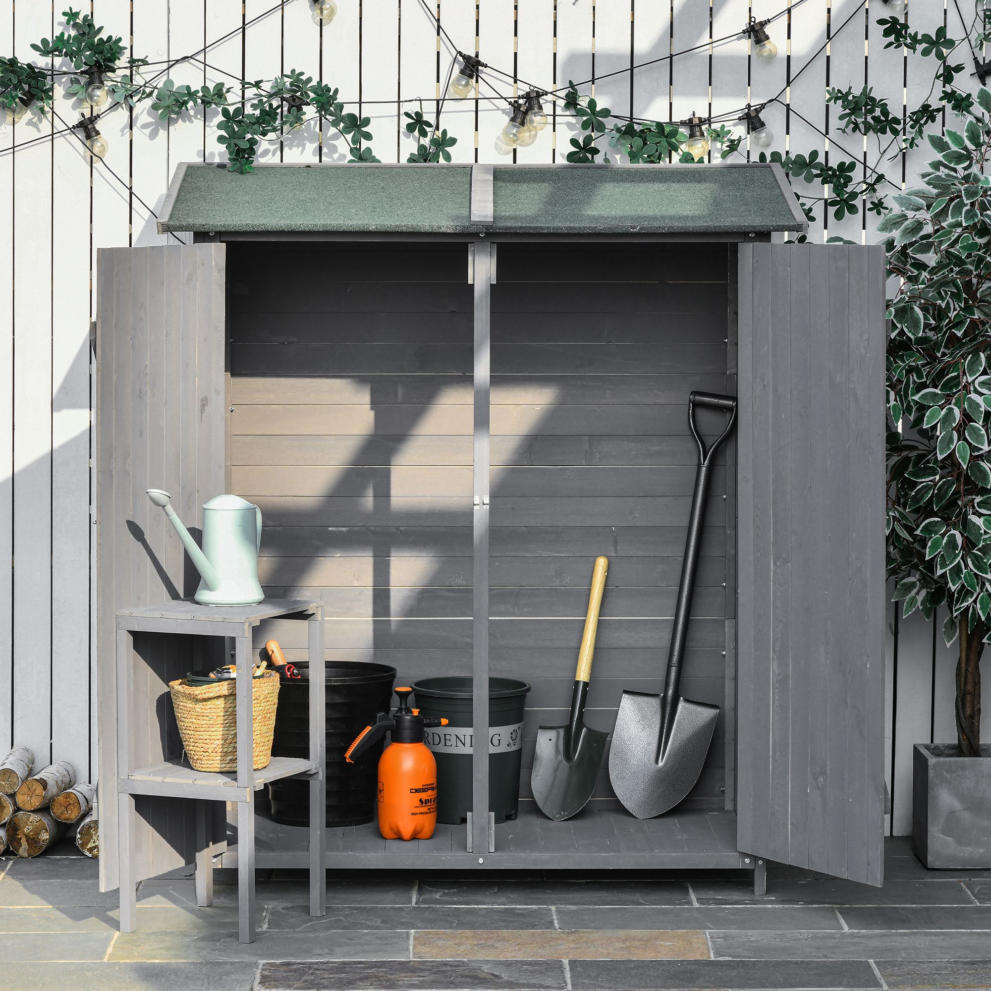 Garden Storage Shed Asphalt Roof Wooden Timber Double Door Utility Storage House with Shelf, Green and Grey - Image 6