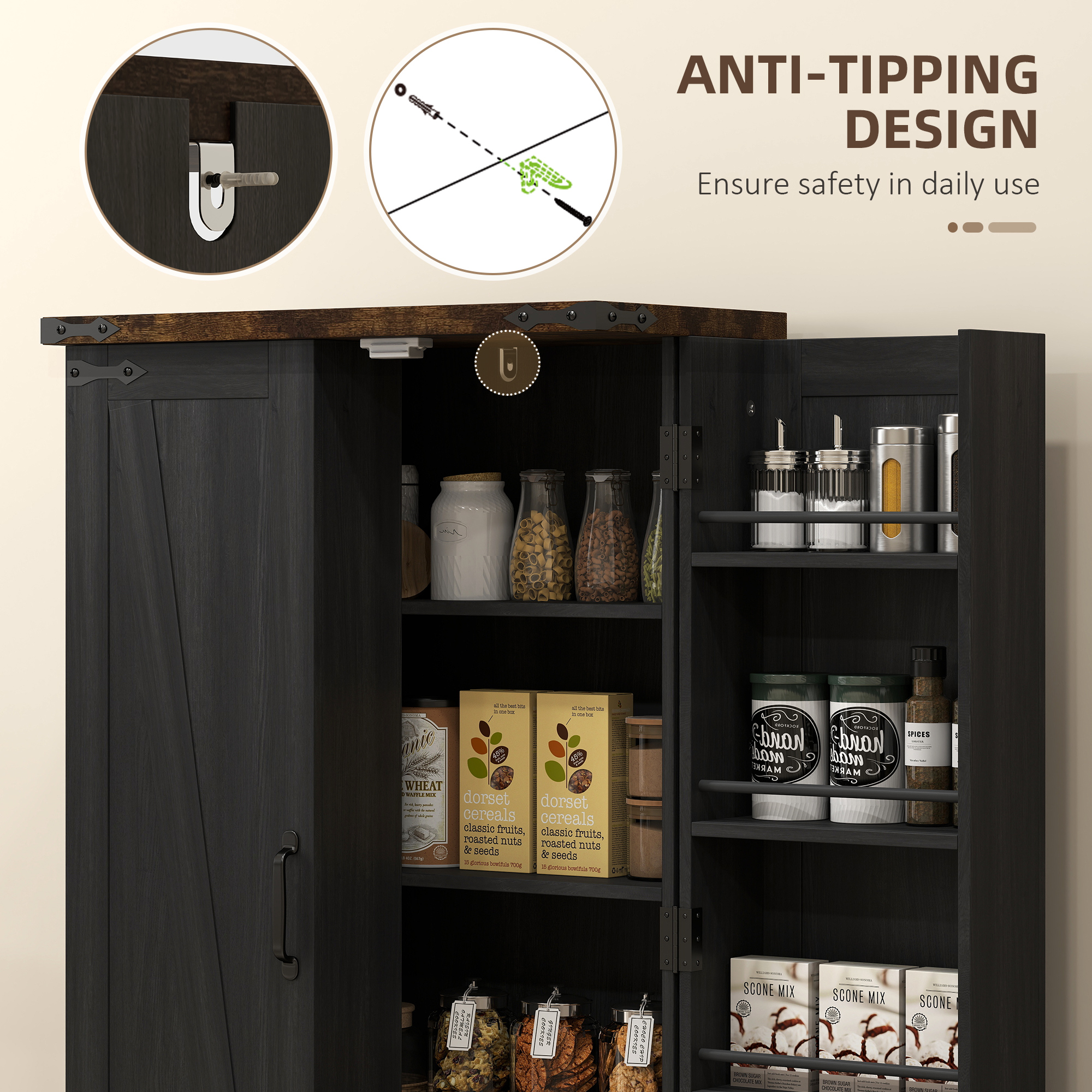 Farmhouse Kitchen Pantry Storage Cabinet, Kitchen Pantry Cabinet with Doors and Adjustable Shelves, Black - Image 4