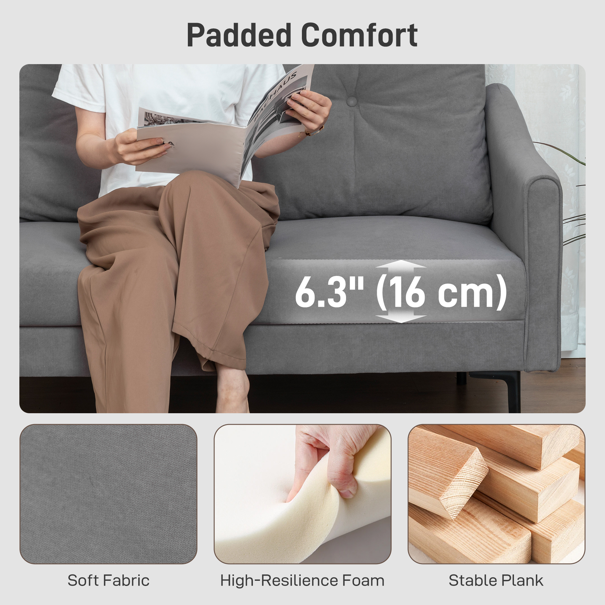 2 Seater Sofa, Small Modern Couch with High-Resilience Foam, Thicken Padding, Button Tufted, Grey - Image 2