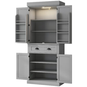 71" Kitchen Pantry Cabinet with LED Lights, 6 Spice Racks, a Drawer and 4 Adjustable Shelves, Grey
