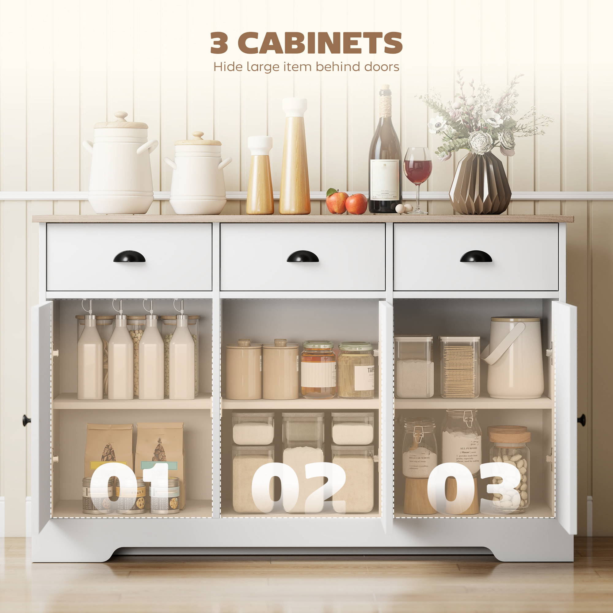 46.5" Buffet Cabinet, Farmhouse Sideboard with 3 Barn Doors and 3 Drawers for Living Room, Kitchen, White - Image 3