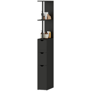 Tall Bathroom Storage Cabinet, Narrow Bathroom Cabinet with Drawers and Open Shelves for Small Spaces, Black