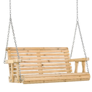 2 Seater Porch Swing Wooden Patio Swing Chair Seat with Cup Holder and Chains Outdoor Swing Bench for Garden Yard, Natural