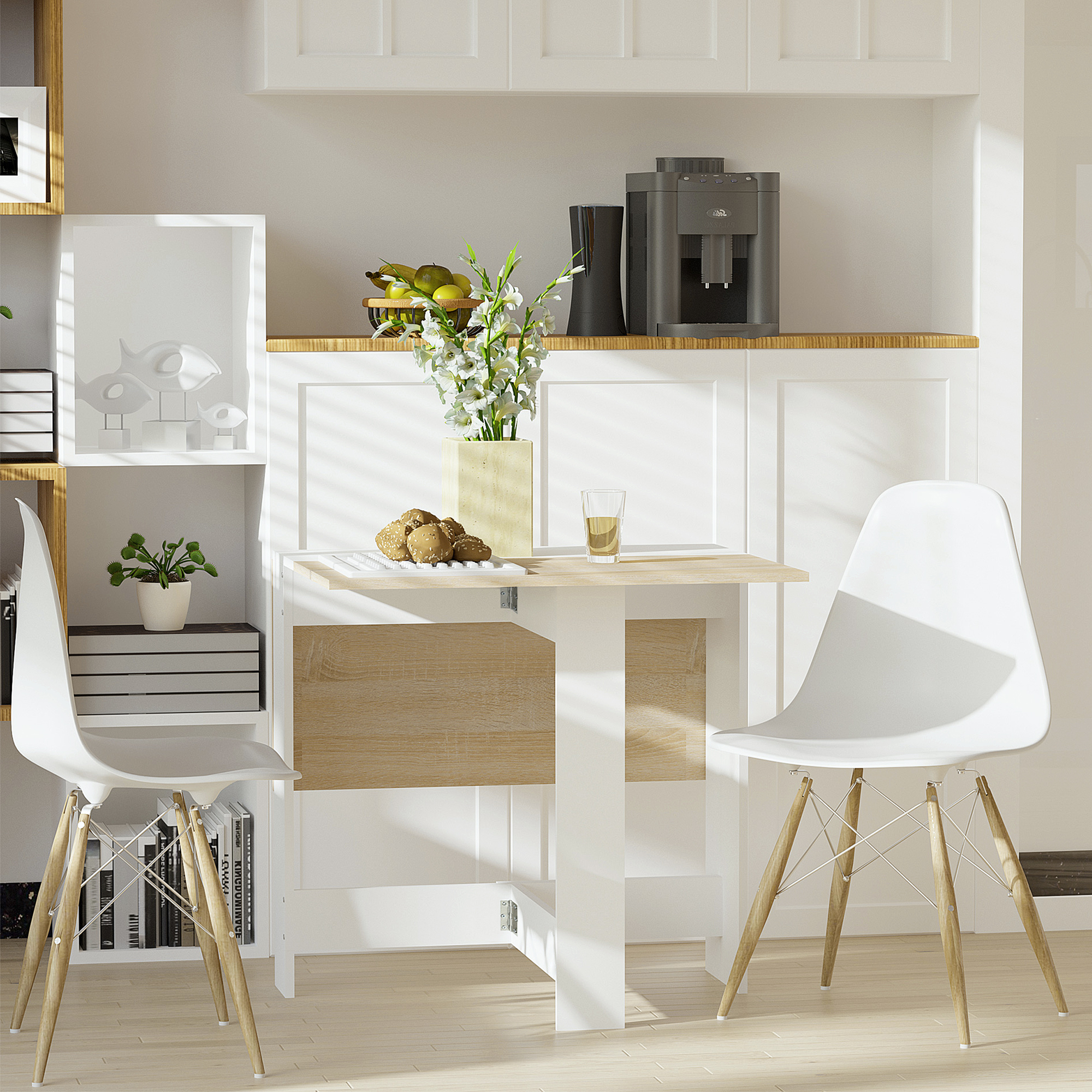 Drop Leaf Dining Table Wood Folding Table Multi-Use Side Table Dining Desk Space Saving Table, White/Oak - Image 4
