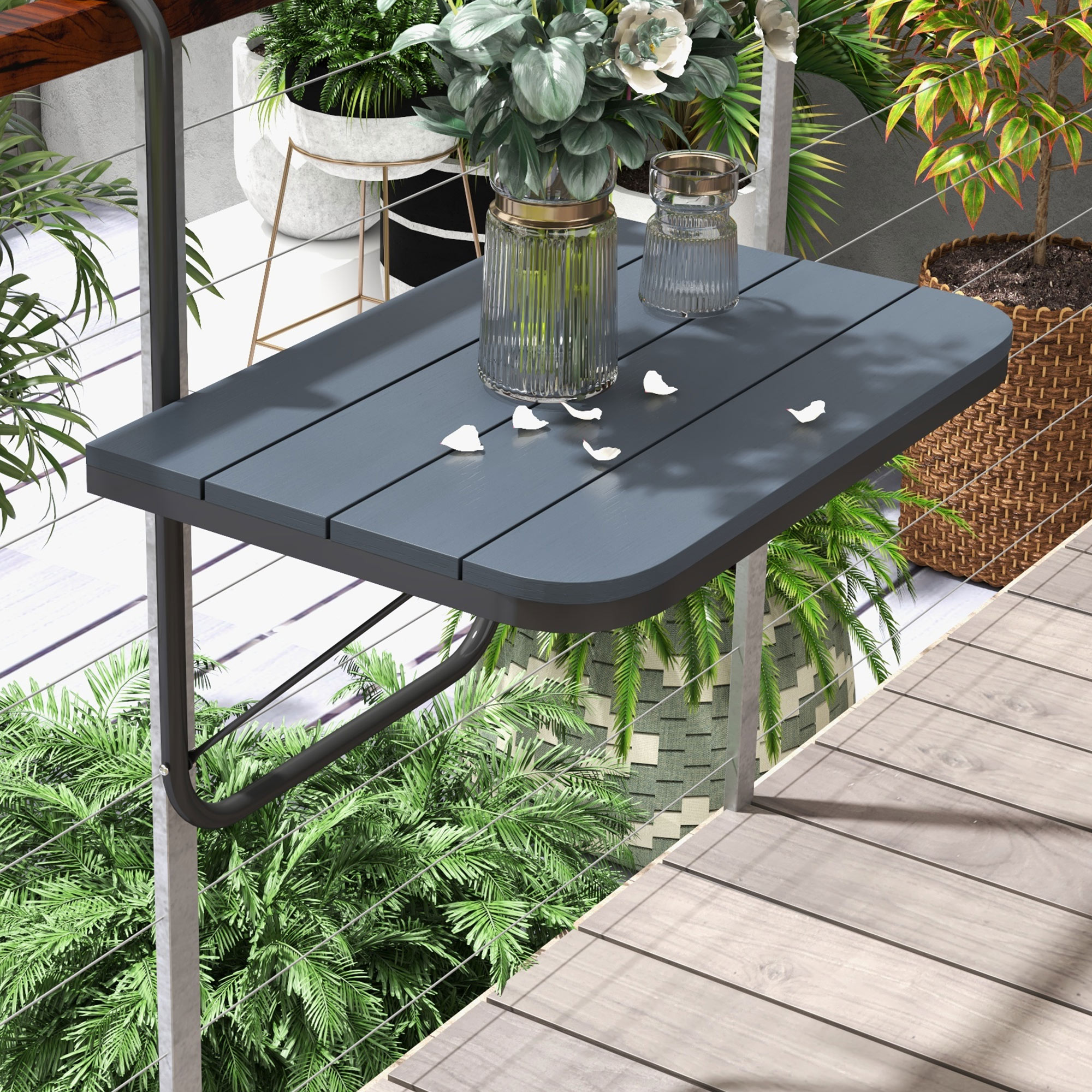 Outdoor Hanging Table, Adjustable Balcony Railing Table, Aluminum Mounting Wall Desk Rack, Foldable Outdoor Flower Stand Serving Table Rectangle, Black - Image 5
