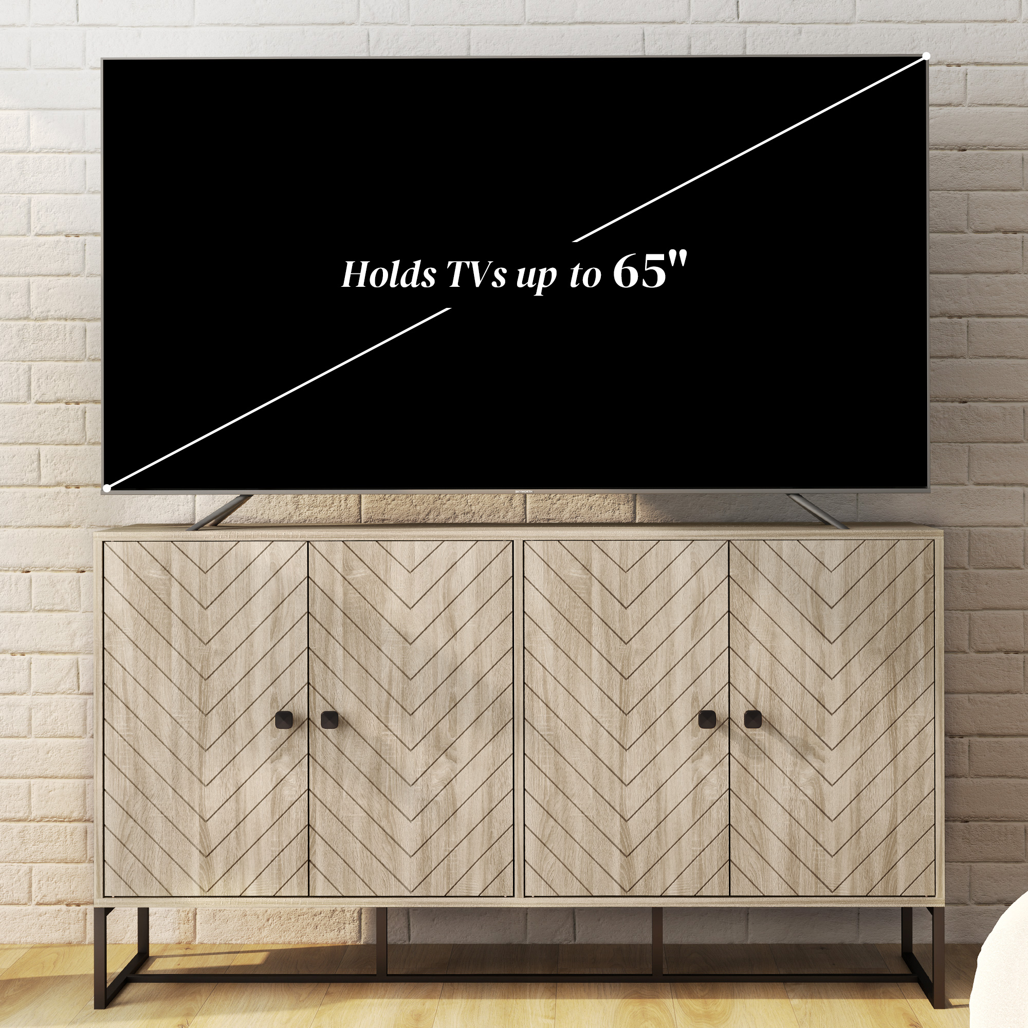 Sideboard Buffet Cabinet with 2 Adjustable Shelves and Steel Base, TV Stand, Coffee Bar Cabinet for Living Room, Oak - Image 4