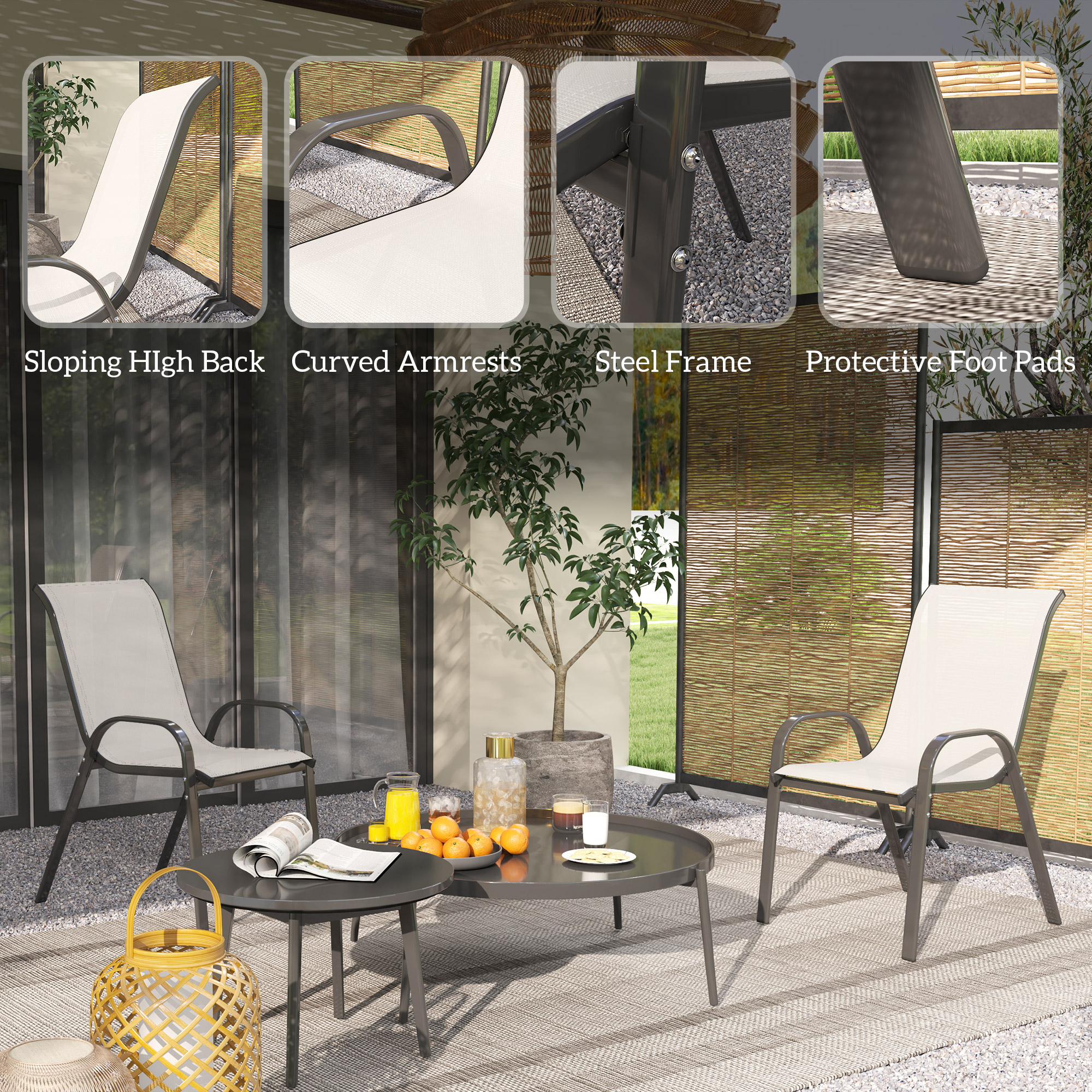 Set of 2 Outdoor Dining Chairs, Stackable Lawn Chairs with High Back, Breathable Mesh Seat for Garden Porch, Light Grey - Image 4