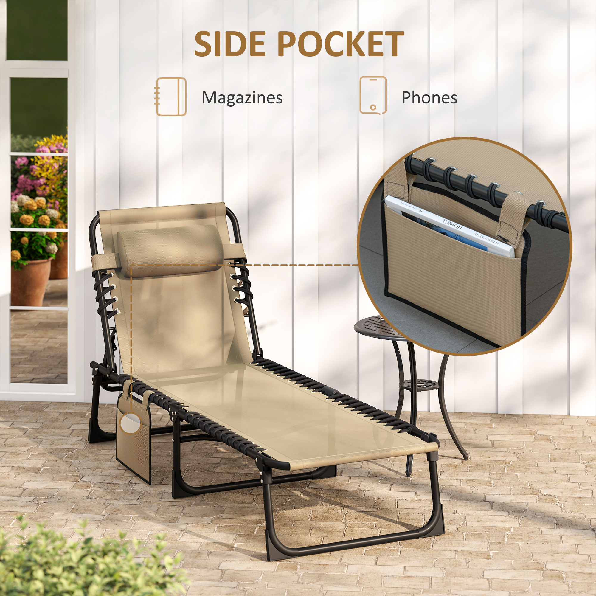 Outdoor Folding Chaise Lounge, Reclining Lounge Chair with Adjustable Backrest and Removable Pillow, Beige - Image 5