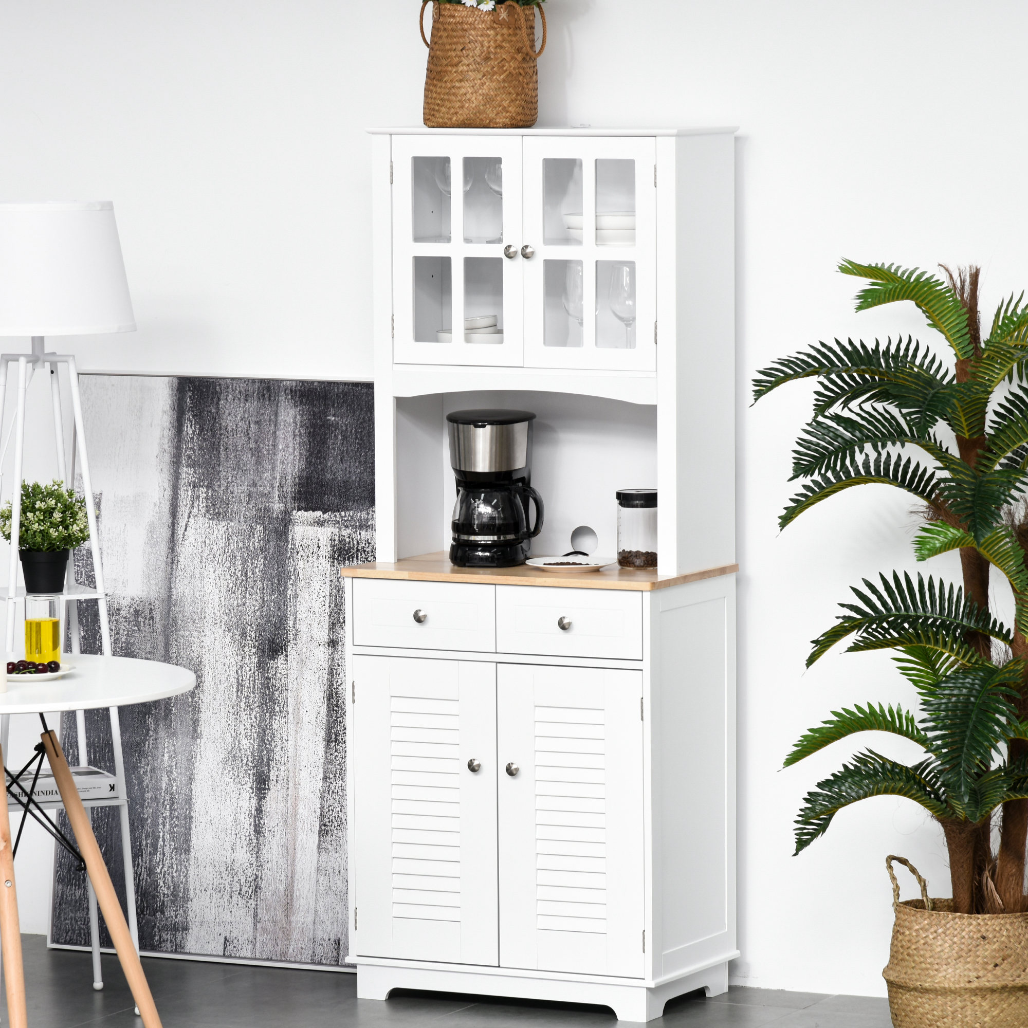 Coastal Style Kitchen Buffet and Hutch Wooden Storage Cupboard with Framed Glass Door LouveredCabinet Drawers Microwave Space for Dining Room Living Room White - Image 6