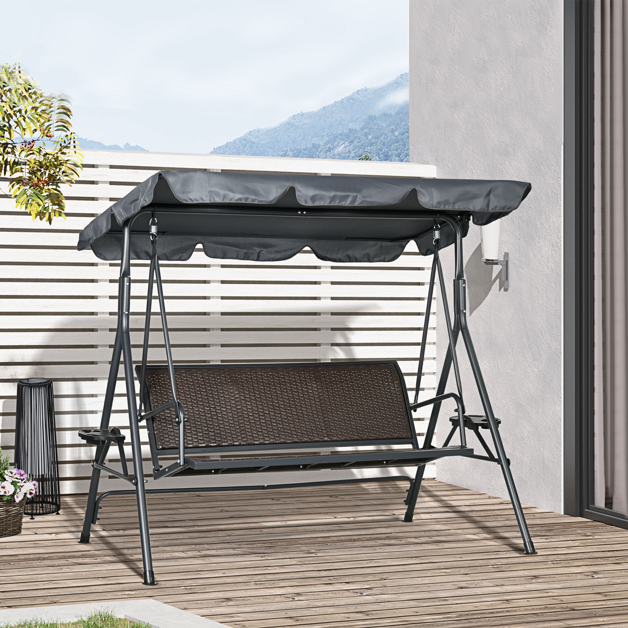 3-Seat Patio Swing Chair, Outdoor Canopy Swing Glider with Adjustable Shade, Rattan Seat and Steel Frame, for Porch, Garden, Poolside, Dark Grey - Image 6