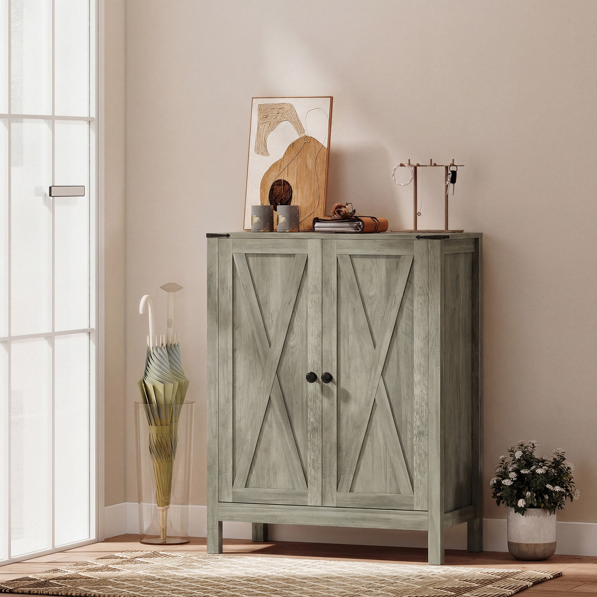 Shoe Cabinet with Barn Doors, Farmhouse Shoe Storage Cabinet with Adjustable Shelves, Holds up to 15 Pairs, Grey - Image 6