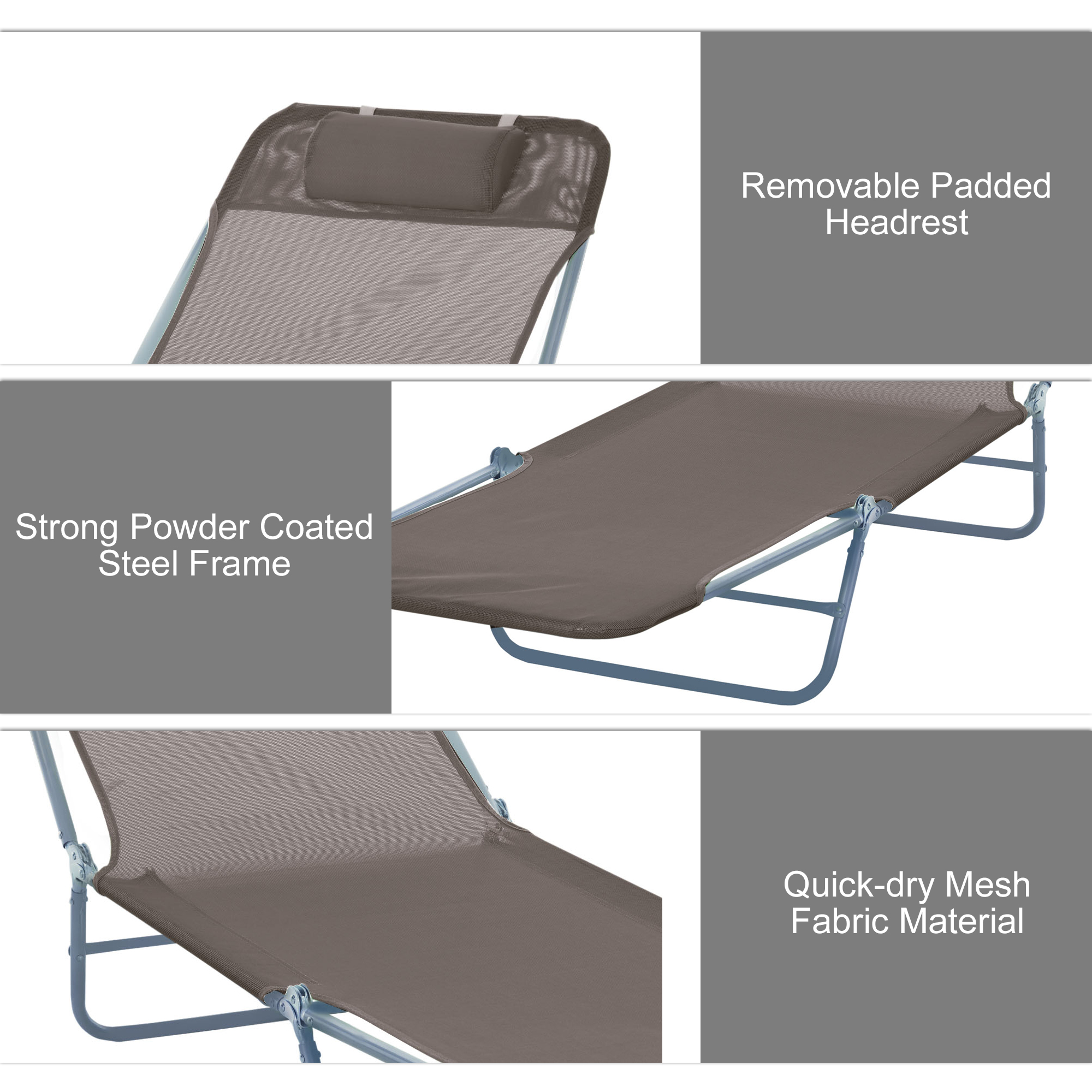 Outdoor Lounge Chair, Portable Adjustable Reclining Seat Folding Chaise Lounge Patio Camping Beach Tanning Chair Bed with Pillow, Brown - Image 3