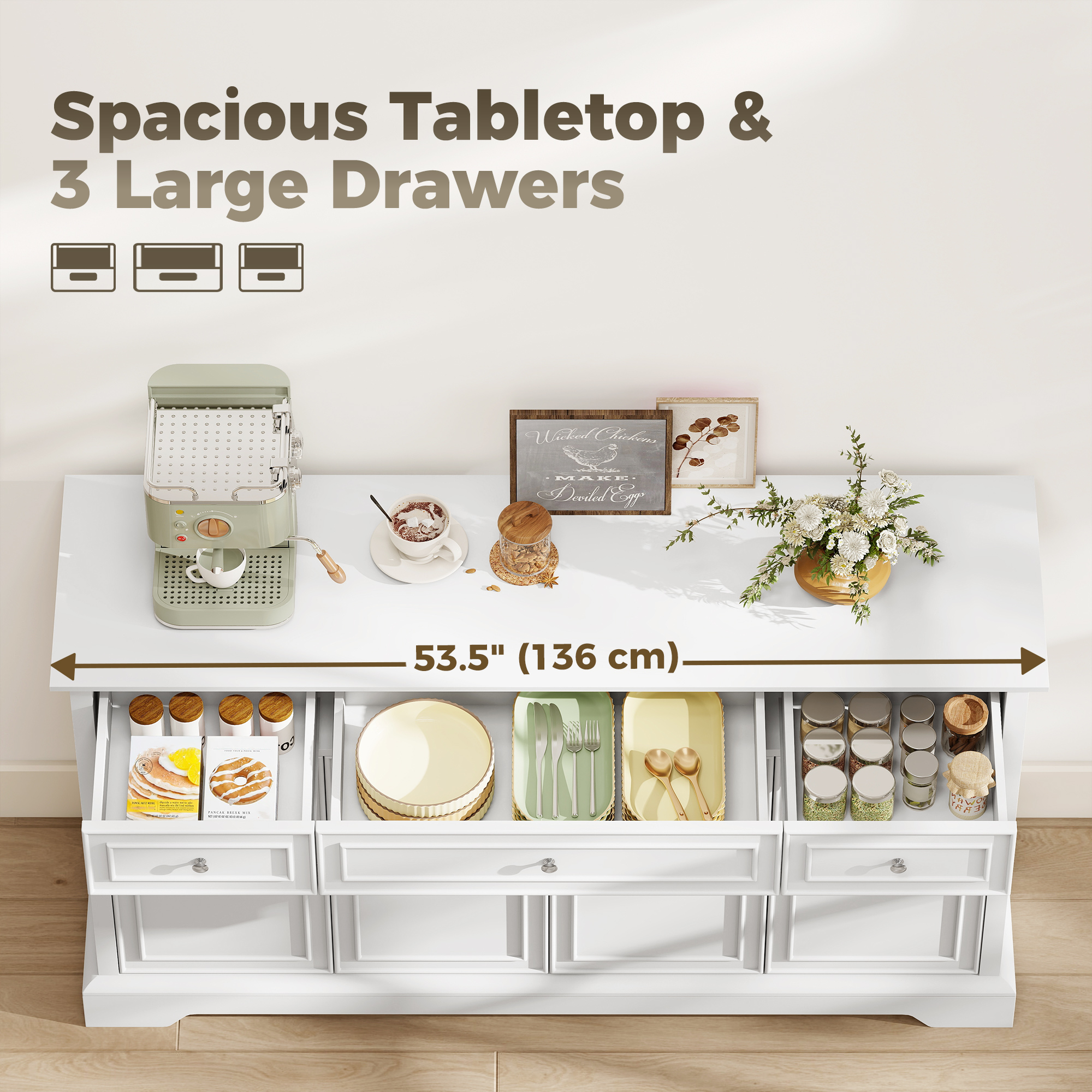 Sideboard Buffet Cabinet, 54" Kitchen Storage Cabinet with Soft-Close Doors, 3 Drawers and 2 Adjustable Shelves, White - Image 3