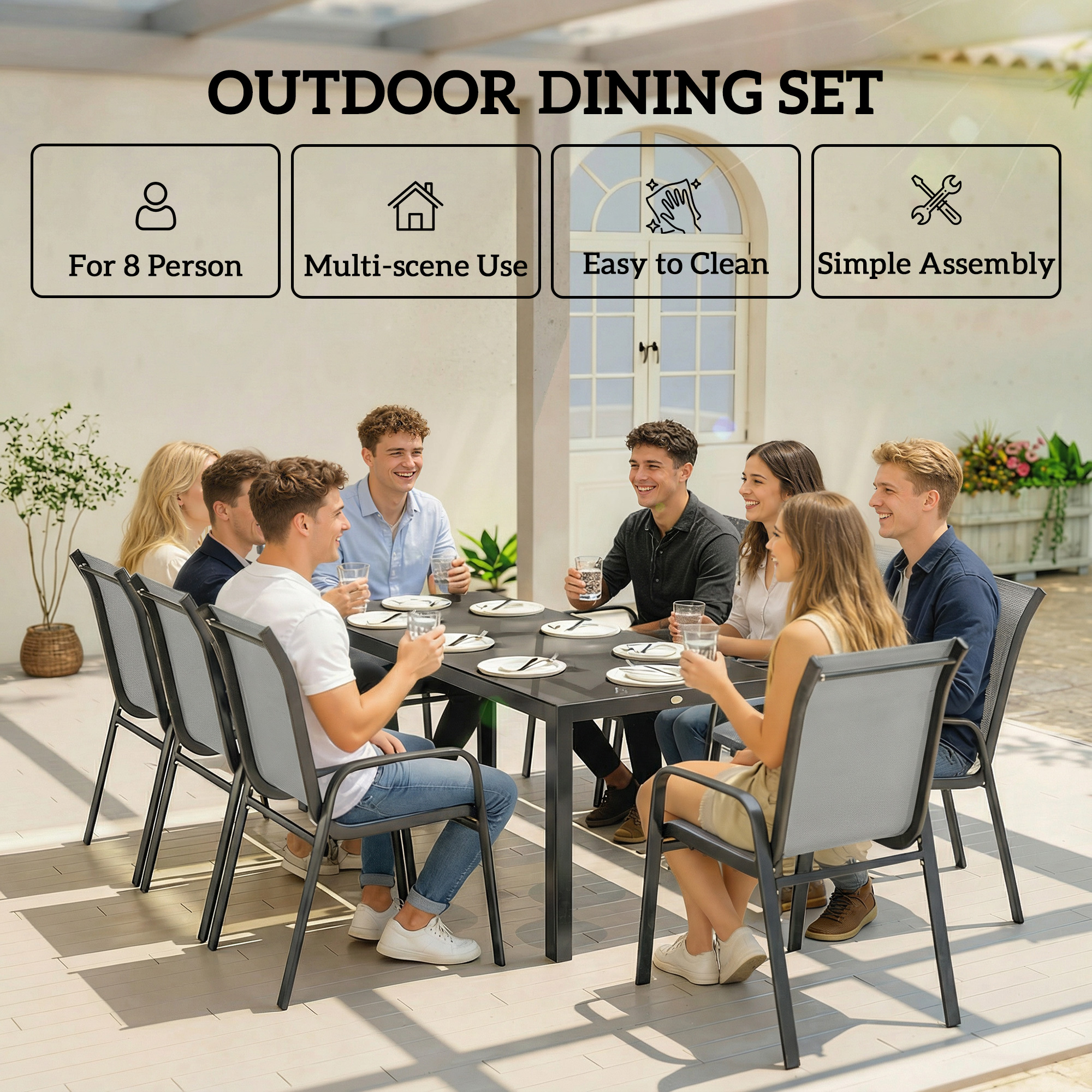 9 Pieces Patio Set with Stackable Chairs, Patio Dining Set with Glass Top for Garden, Patio, Backyard, Light Grey - Image 4