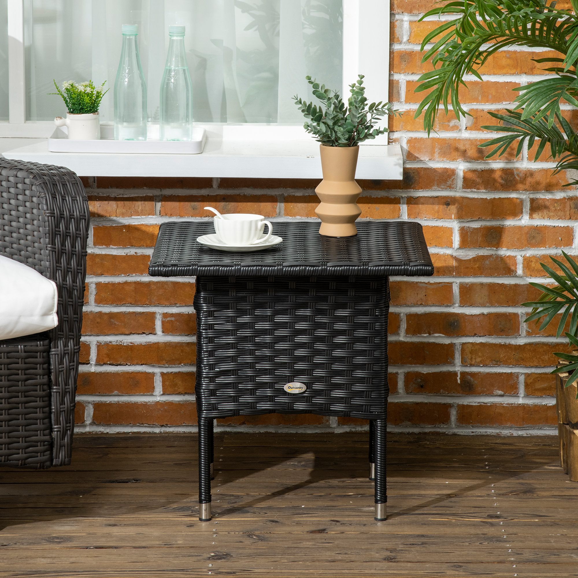 20" Patio Wicker Coffee Table, Outdoor Coffee Table with Plastic Board Underneath the Woven Tabletop for Patio, Garden, Balcony, Black - Image 5