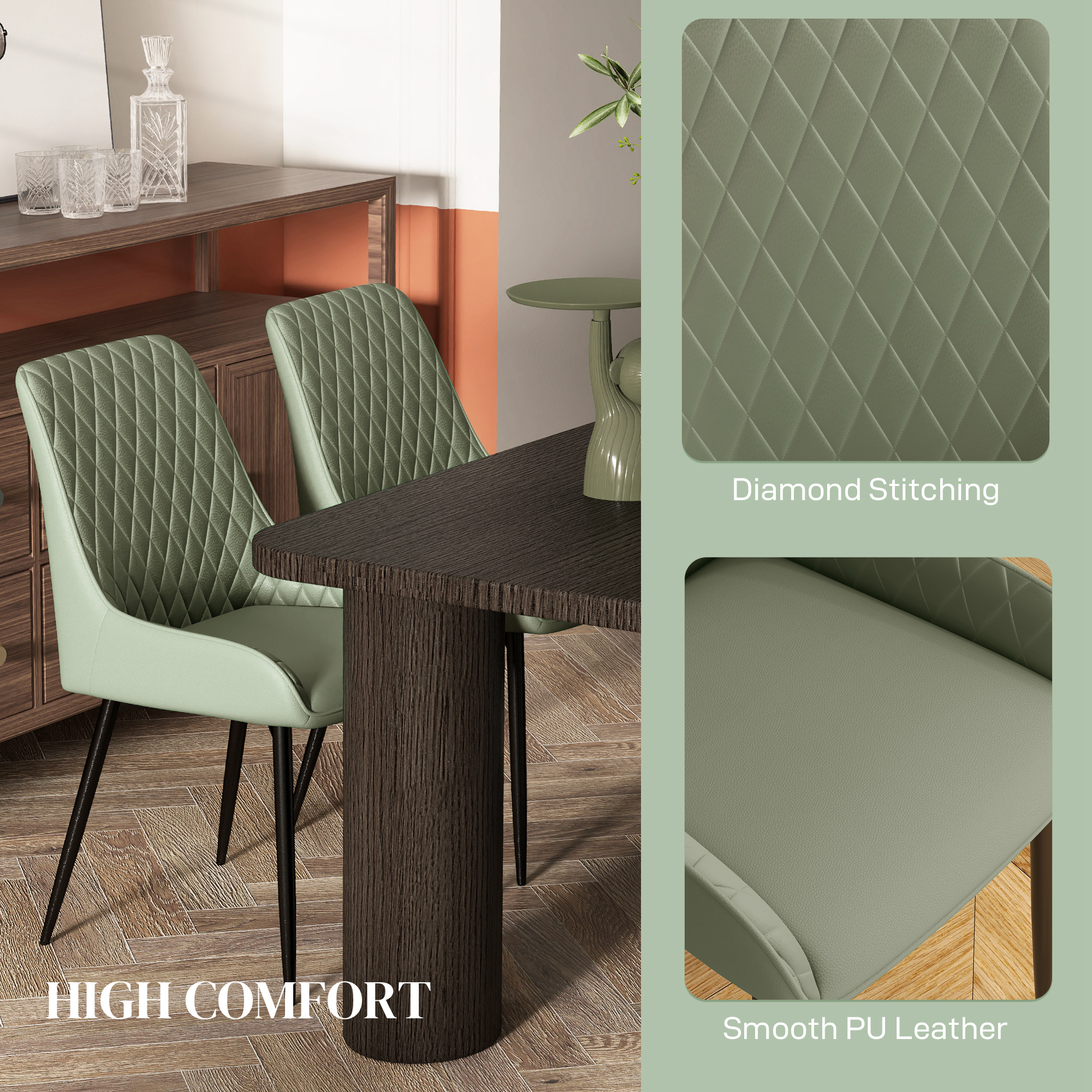 Upholstered Kitchen Chairs, Modern Dining Chairs Set of 2 with Diamond Tufting and Steel Legs for Dining Room, Green - Image 2