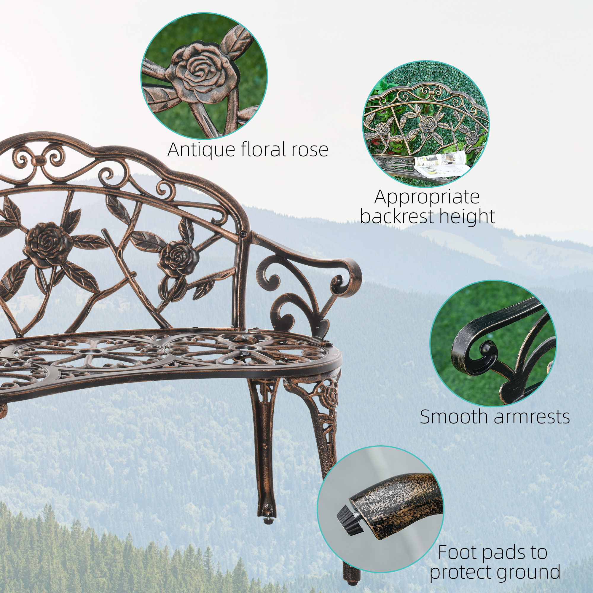 40" Outdoor Garden Bench, Cast Aluminum Antique Rose Style Patio Garden Park Loveseat Bench for Backyard, Porch, Balcony, Lawn, Bronze - Image 3