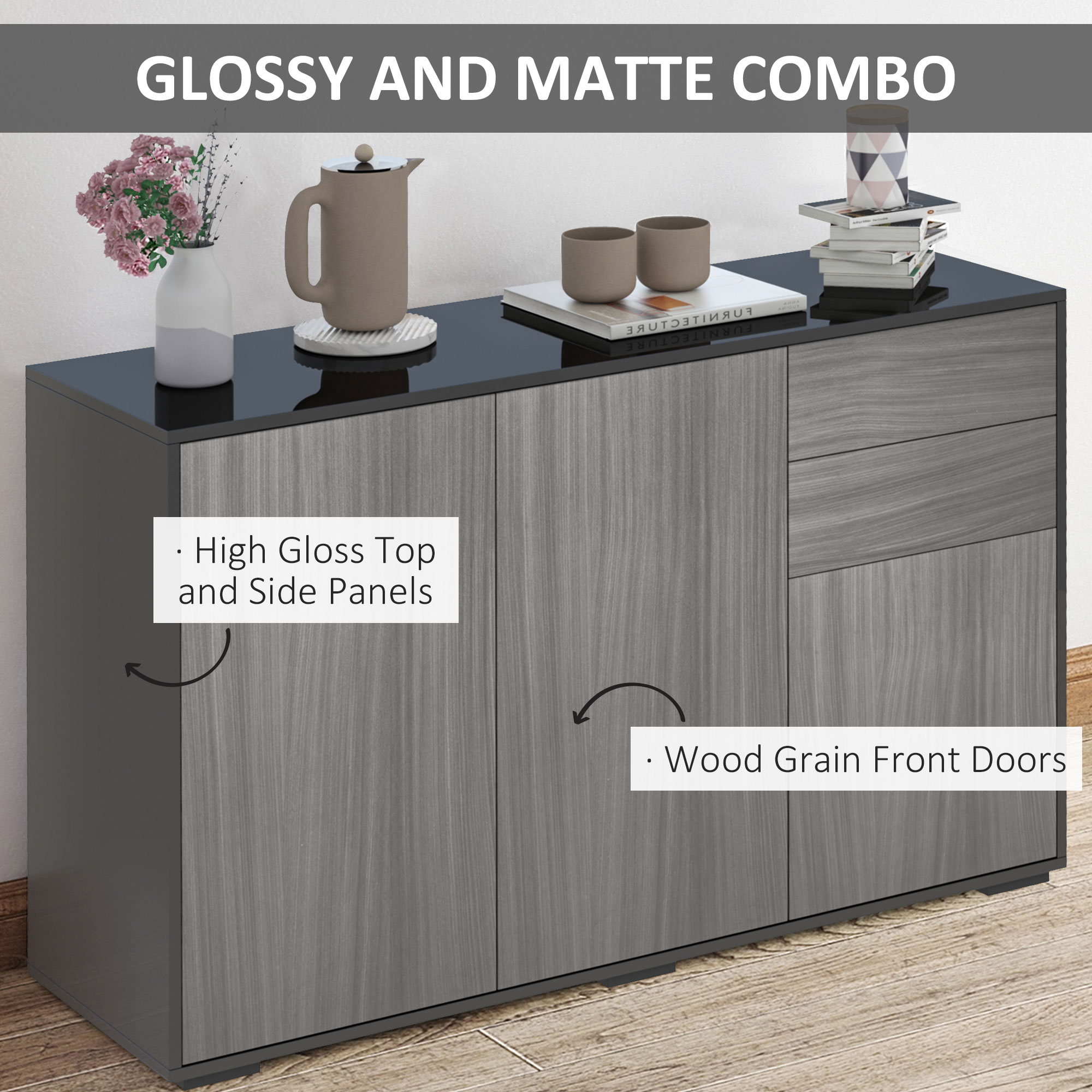 Kitchen Sideboard Storage Cabinet, Modern Coffee Bar with Push-Open Design and 2 Drawers for Living Room, Black - Image 3
