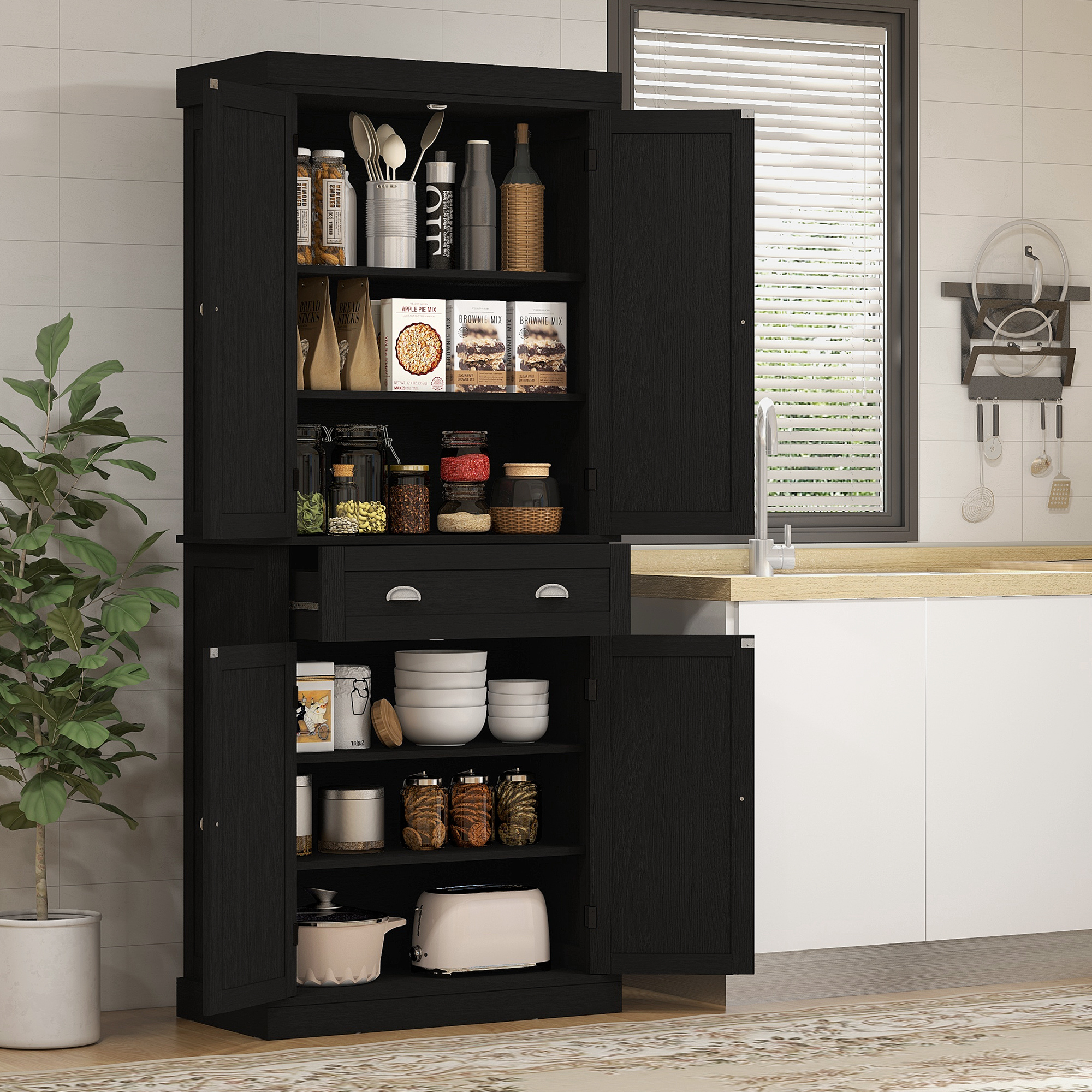 72" Tall Pantry Cabinet, Kitchen Storage Cabinet with 4 Doors, Drawer and 2 Adjustable Shelves, Black Wood Grain - Image 6