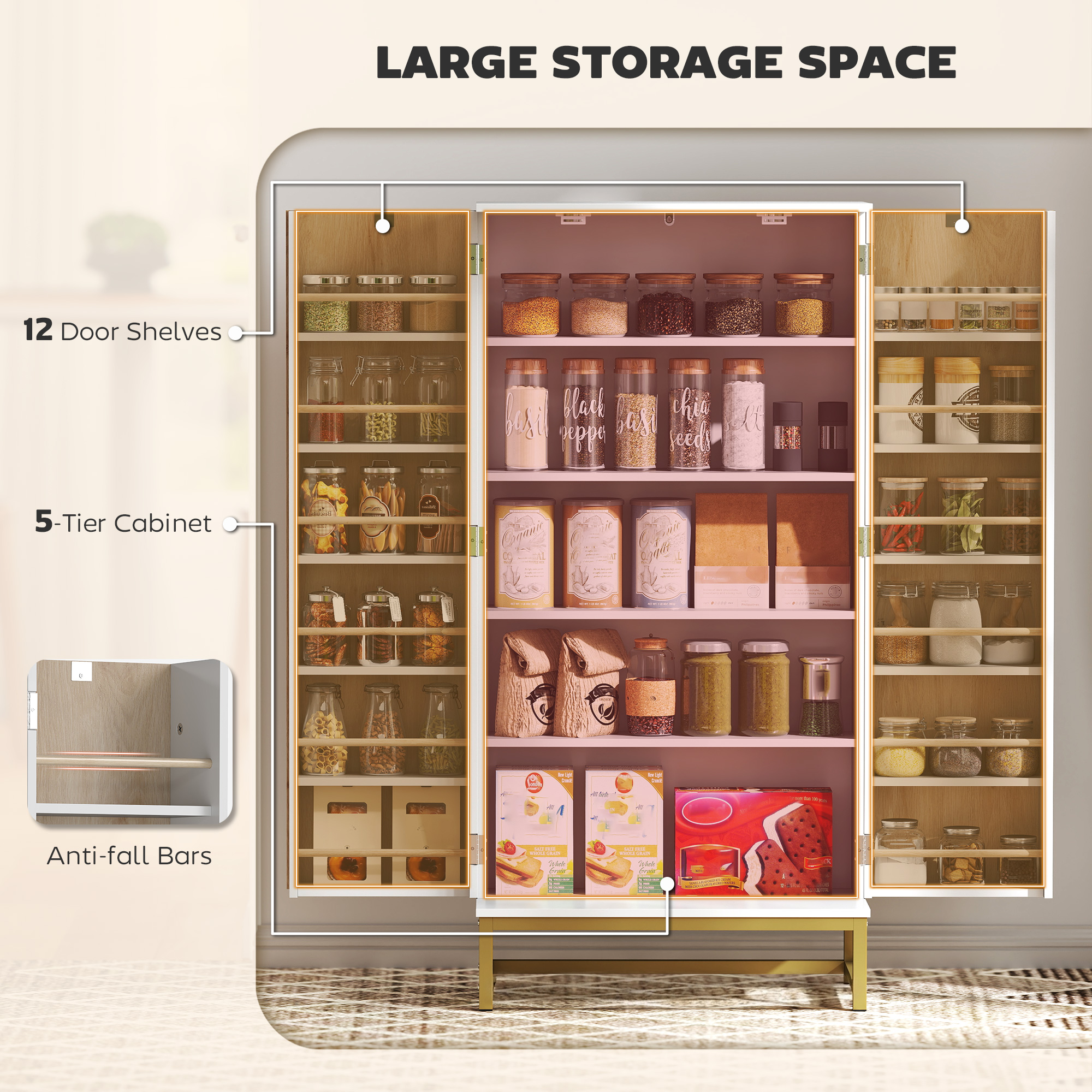 47" Kitchen Pantry Cabinet, Freestanding Kitchen Storage Cabinet with 12 Door Shelves and Adjustable Shelves, White - Image 2
