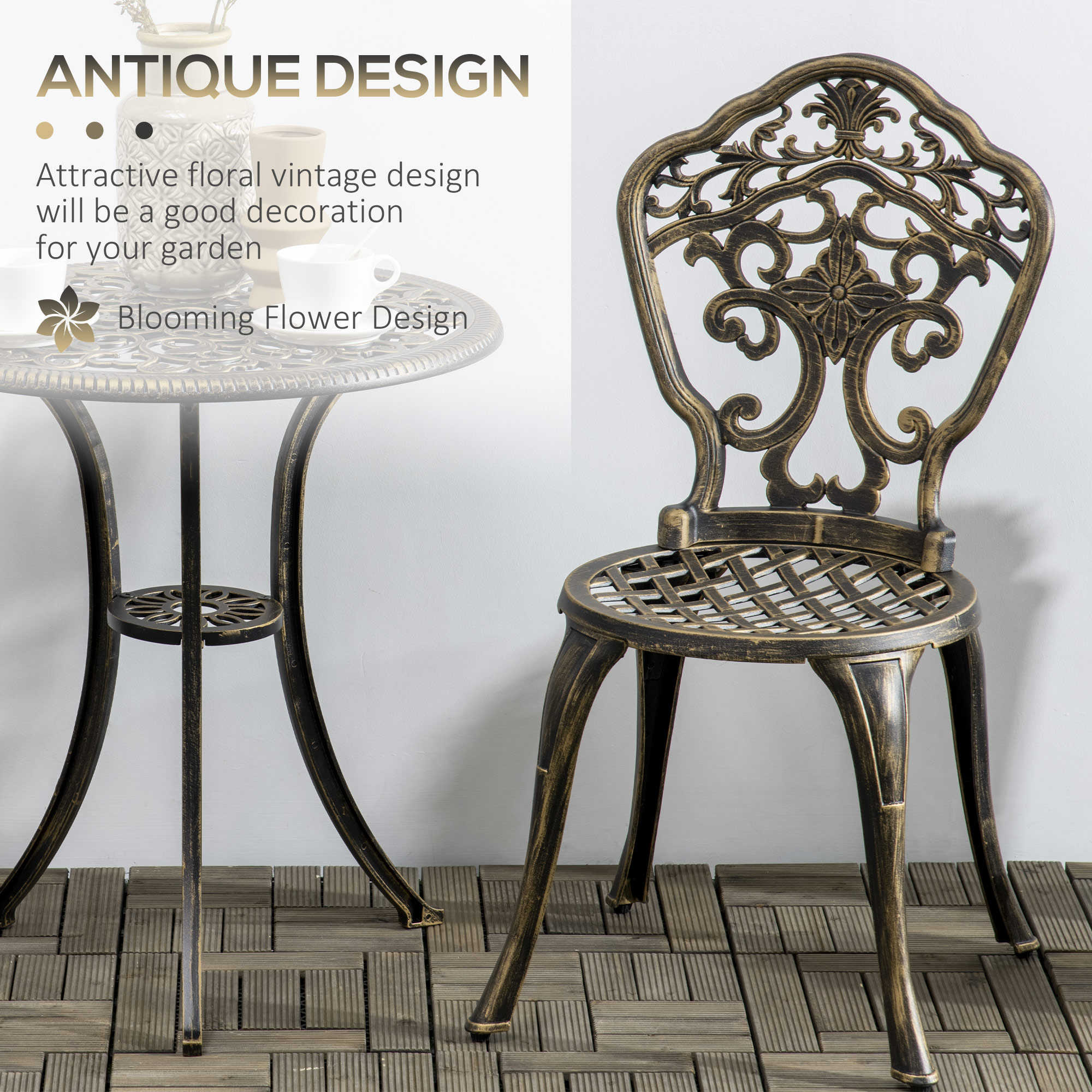 Outdoor 3 Piece Garden Bistro Set, 2 Chairs and A Round Coffee Table with Parasol Hole for Balcony, Patio, Bronze - Image 2
