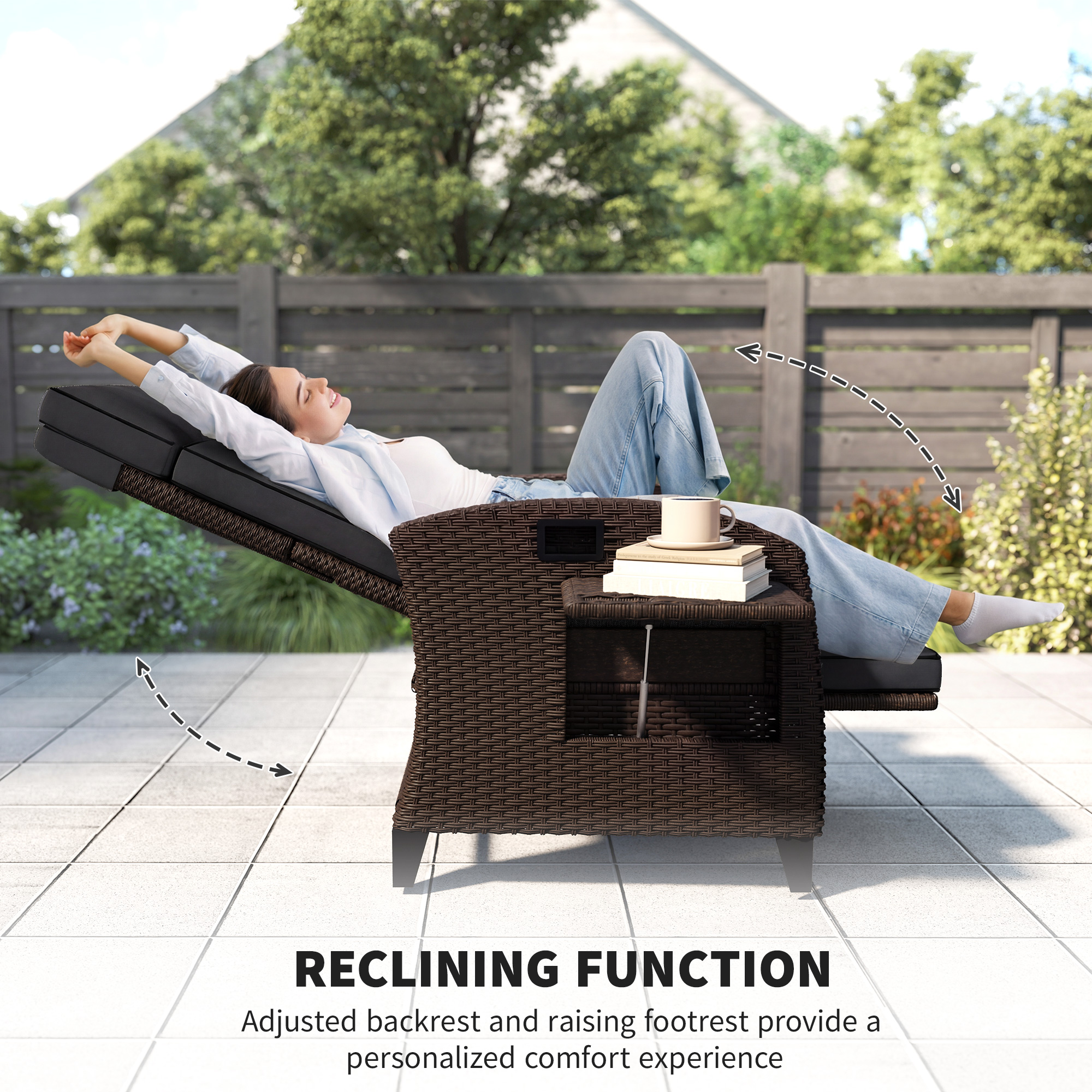 Outdoor Recliner Chair with Adjustable Backrest, Cushion, Side Tray, Black - Image 2