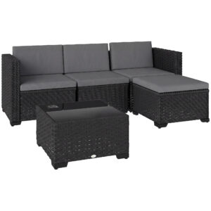 5 Piece Patio Furniture Set, L-Shape Wicker Outdoor Sectional with 3 Chairs, Ottoman, Glass Table, Cushions, Grey