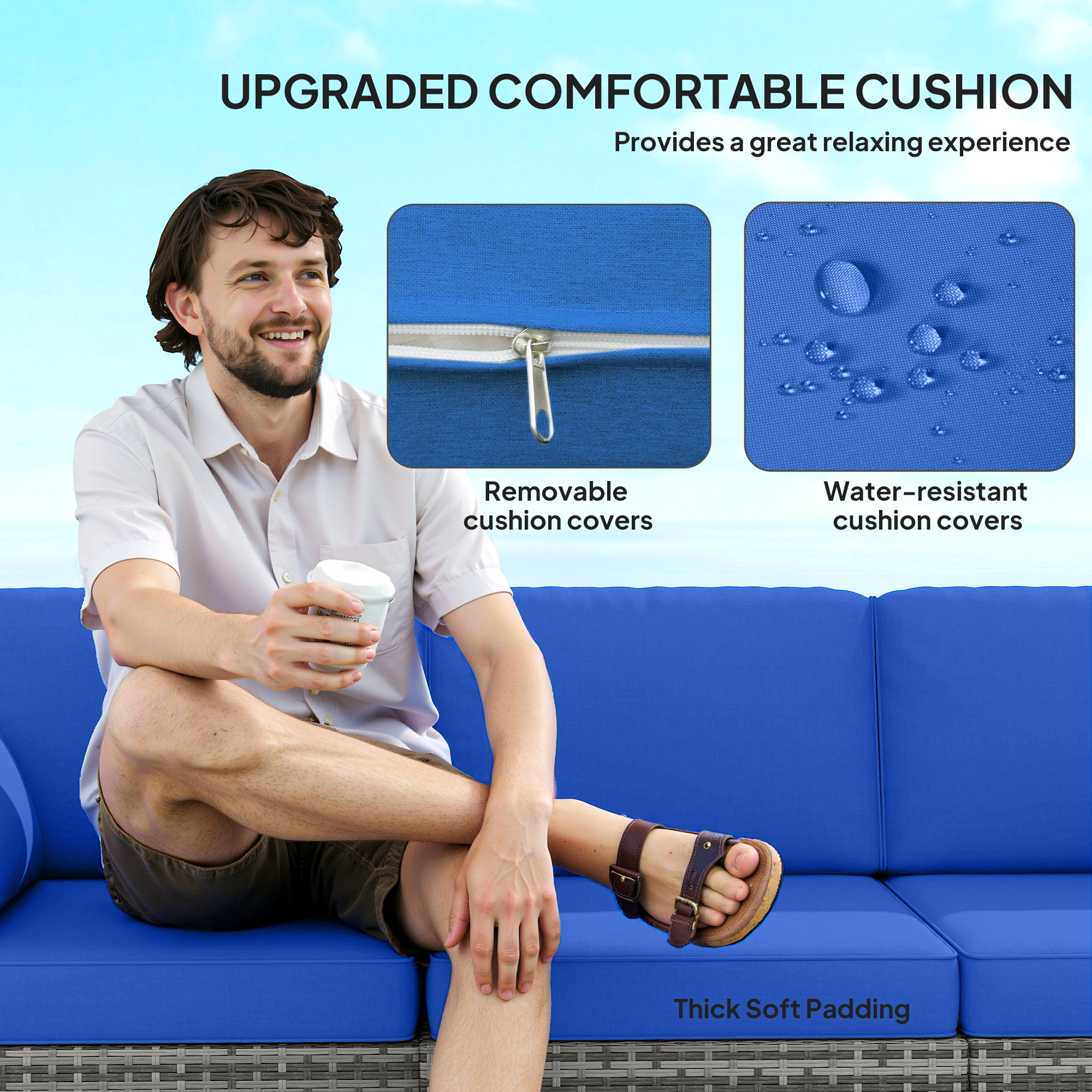 3-Seater Outdoor Sofa with Cushions, PE Rattan Conversation Patio Couch with Pillows for Garden, Poolside, Blue - Image 3