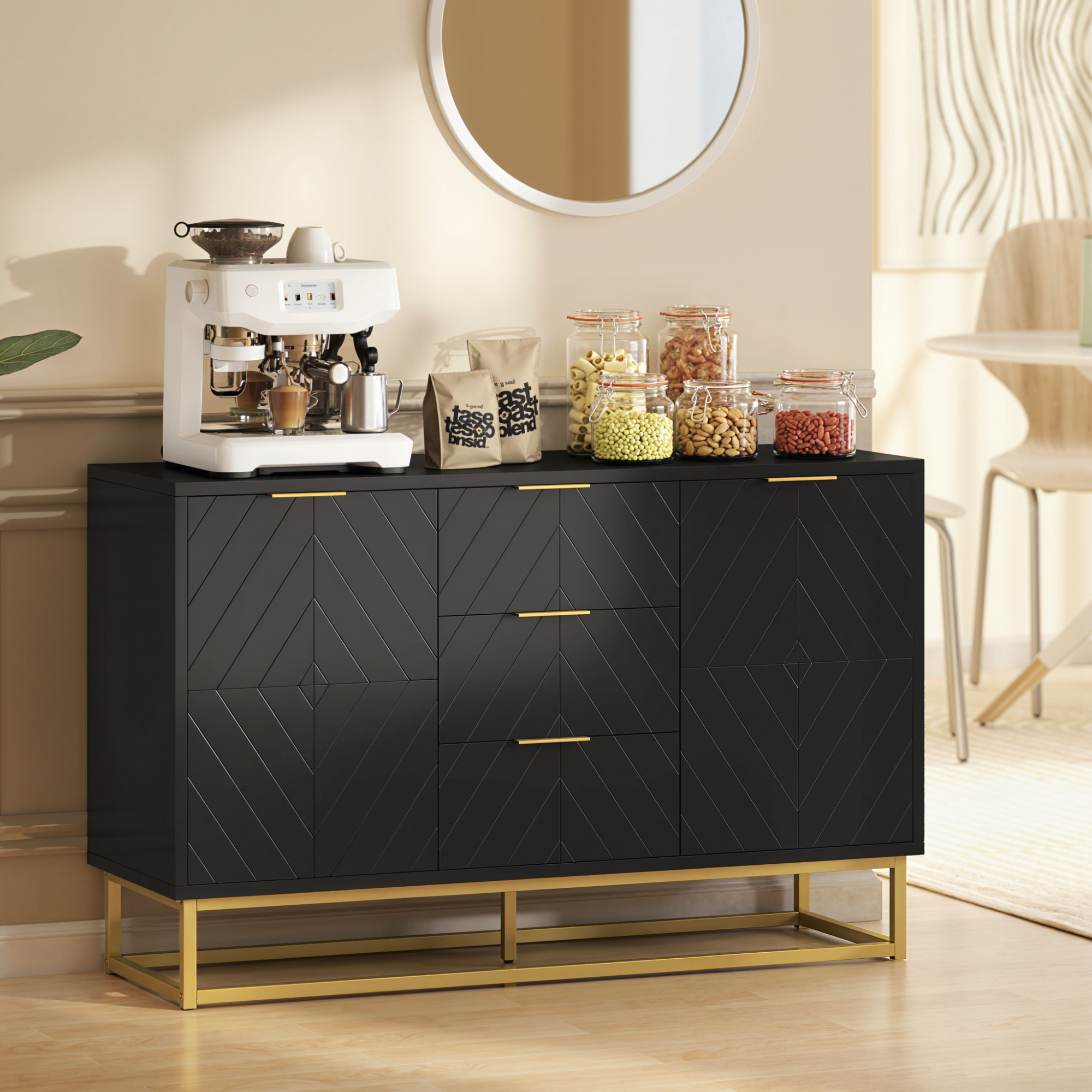 Sideboard Storage Cabinet with 3 Drawers, Adjustable Shelves and Doors, Kitchen Buffet Cabinet for Dining Room, Black - Image 6