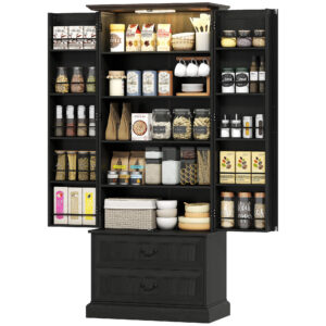 72" LED Kitchen Pantry Cabinet, Buffet Storage Cabinet with 10 Door Shelves, 2 Drawers and Adjustable Shelves, Black