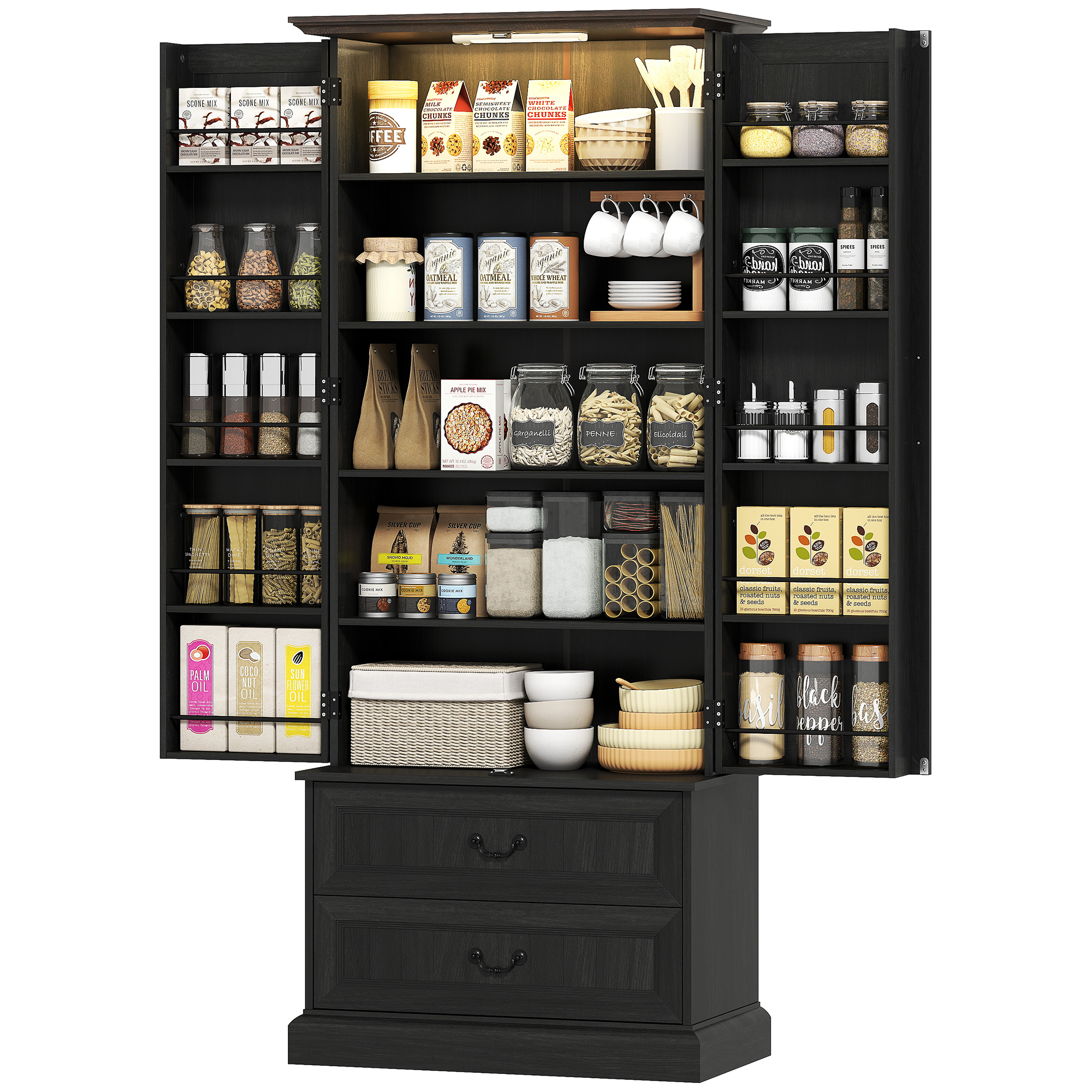 72" LED Kitchen Pantry Cabinet, Buffet Storage Cabinet with 10 Door Shelves, 2 Drawers and Adjustable Shelves, Black