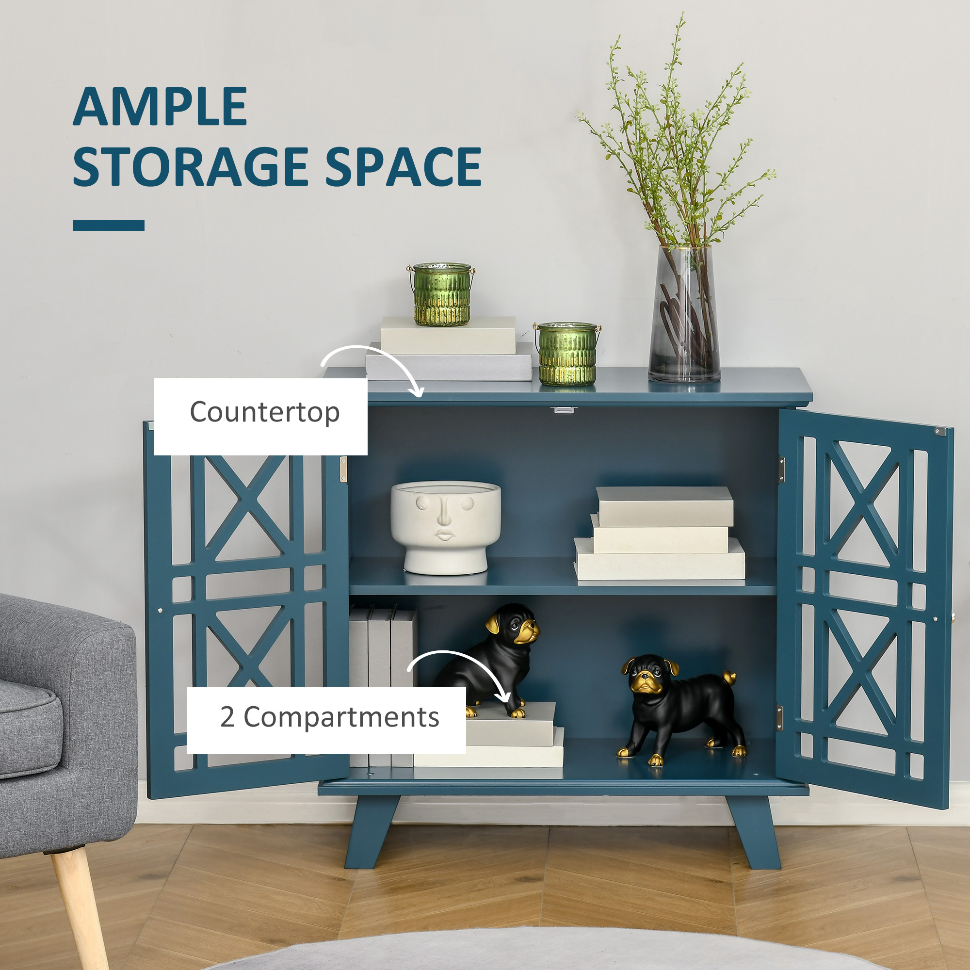 Storage Cabinet with Fretwork Doors and Shelf, Modern Freestanding Sideboard, Buffet, Blue - Image 2