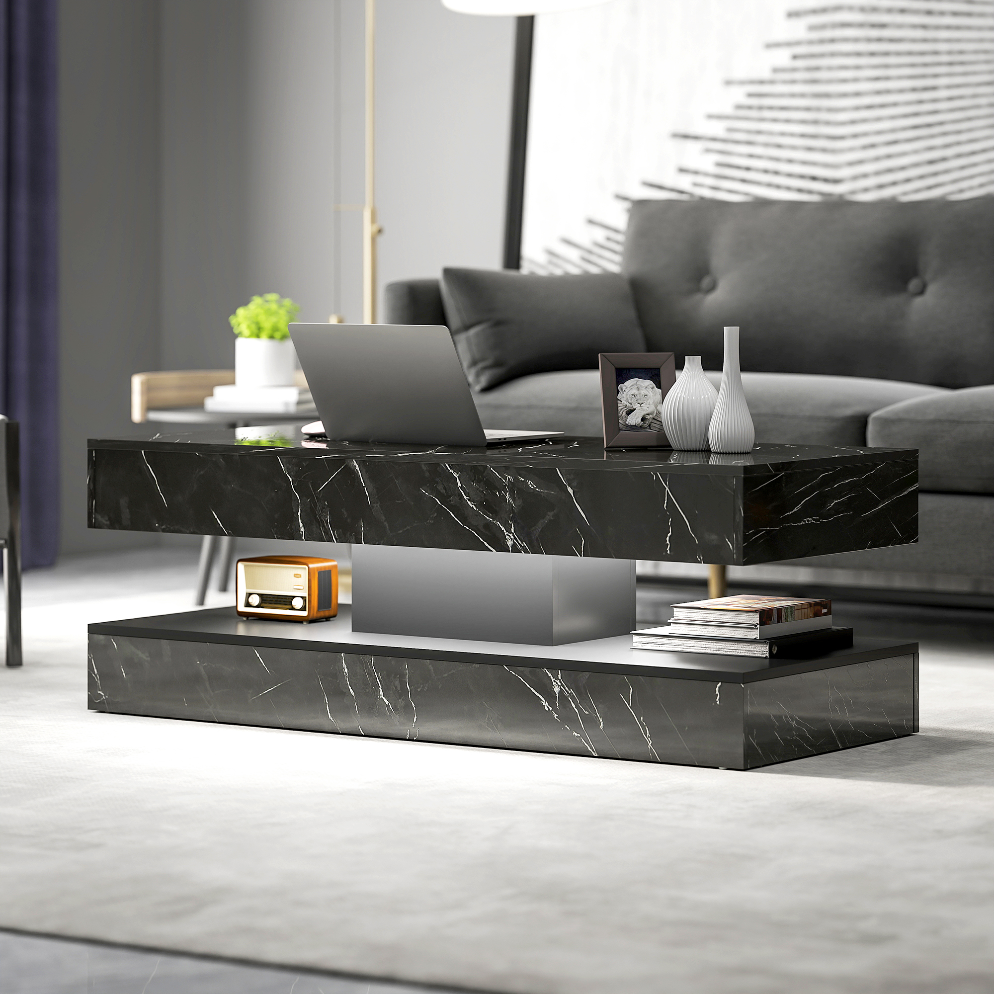 Coffee Table with Adjustable LED Lights, Center Table with 2 Drawers, Open Shelf, Remote, High Gloss Marble-Effect Black - Image 5