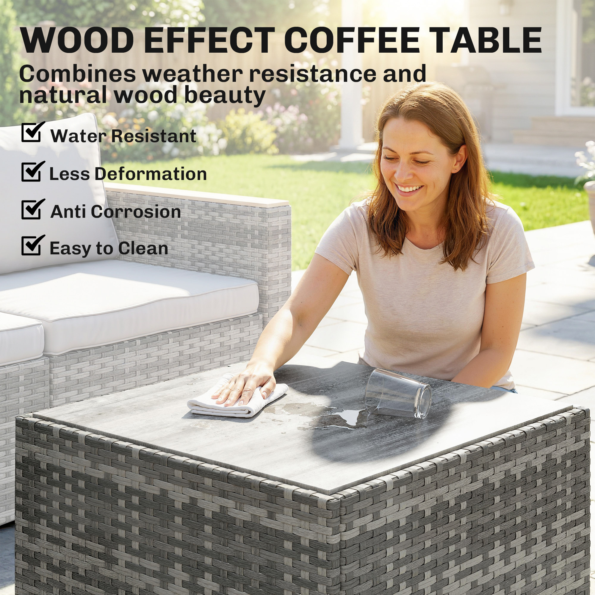 7 Piece Patio Furniture Set, L-Shaped Wicker Outdoor Sectional Sofa with Faux Wood Coffee Table, Cushions, Light Grey - Image 5