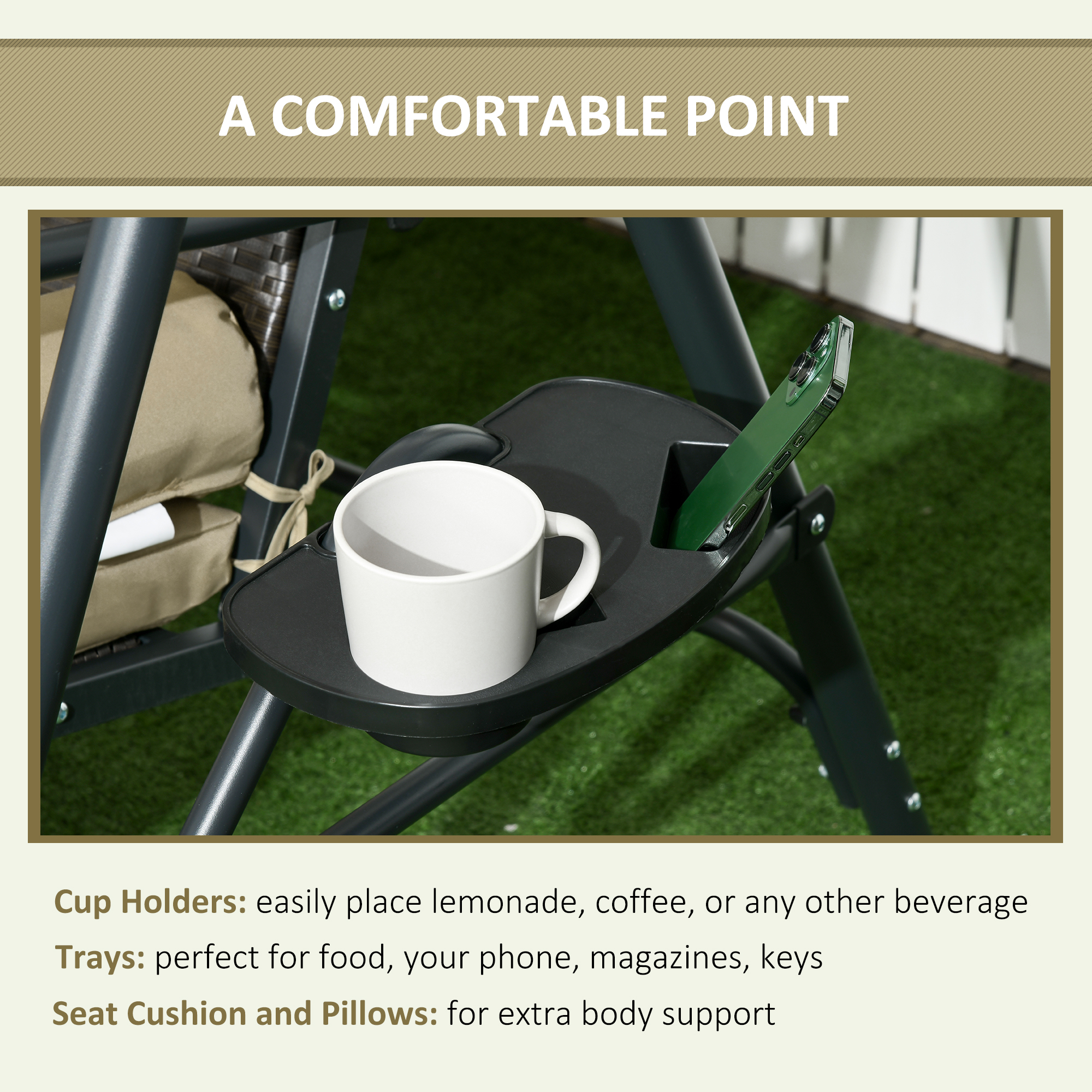Outdoor 3-Seat Porch Swing with Canopy, Rattan Seat, Removable Cushion, Pillows and Steel Frame - Image 5