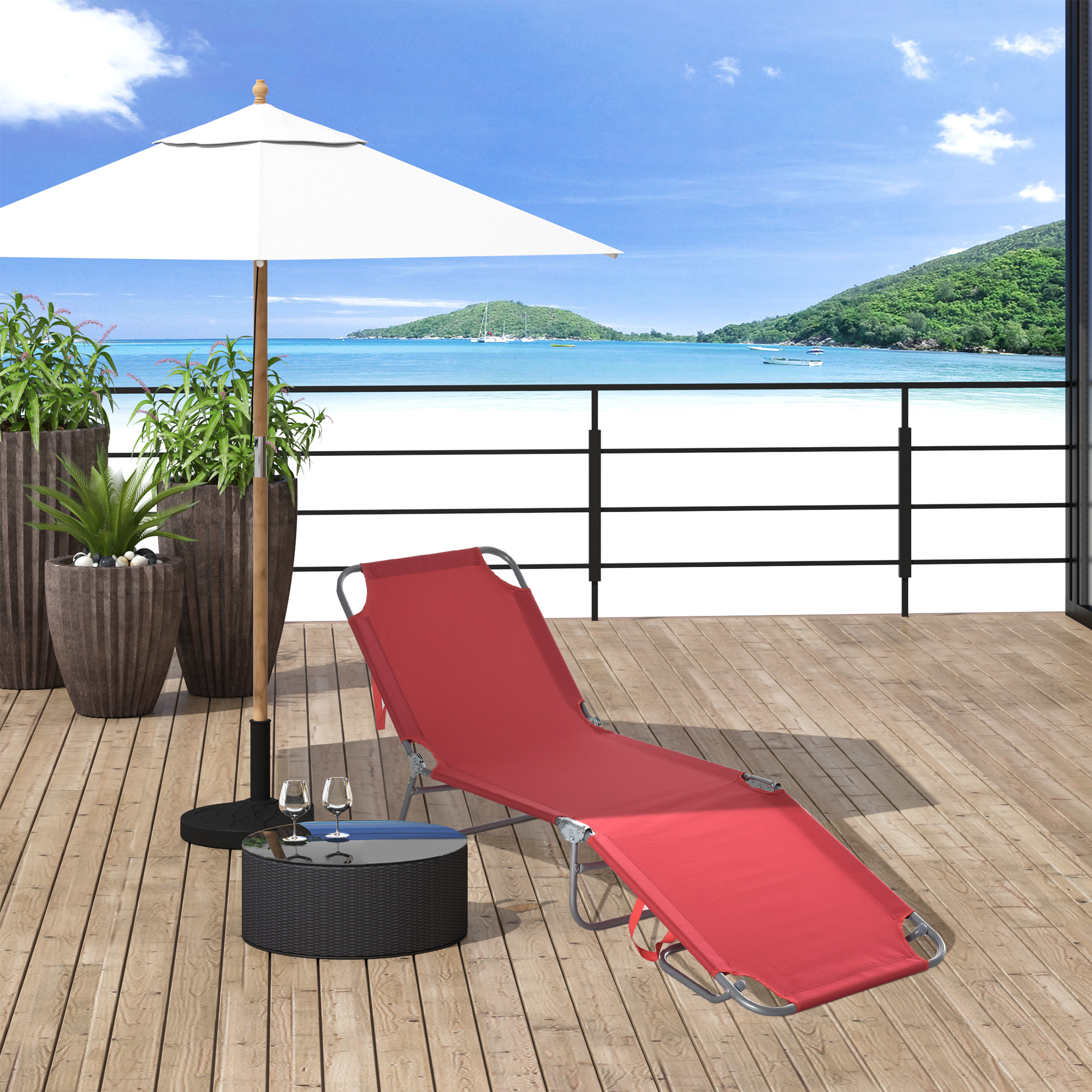 Outdoor Folding Chaise Lounge, Reclining Lounge Chair with Adjustable Backrest and Breathable Mesh Fabric, Wine Red - Image 6